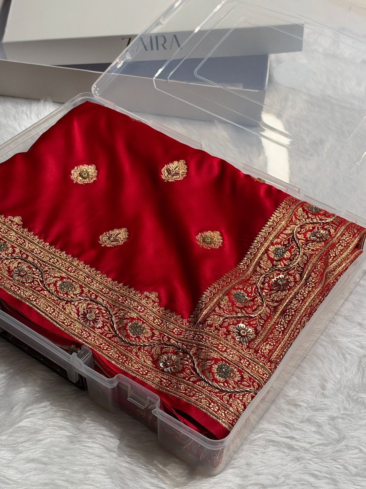 Bridal Red Banarasi Satin Katan Saree With Ari & Zardozi Work Boota BSK65