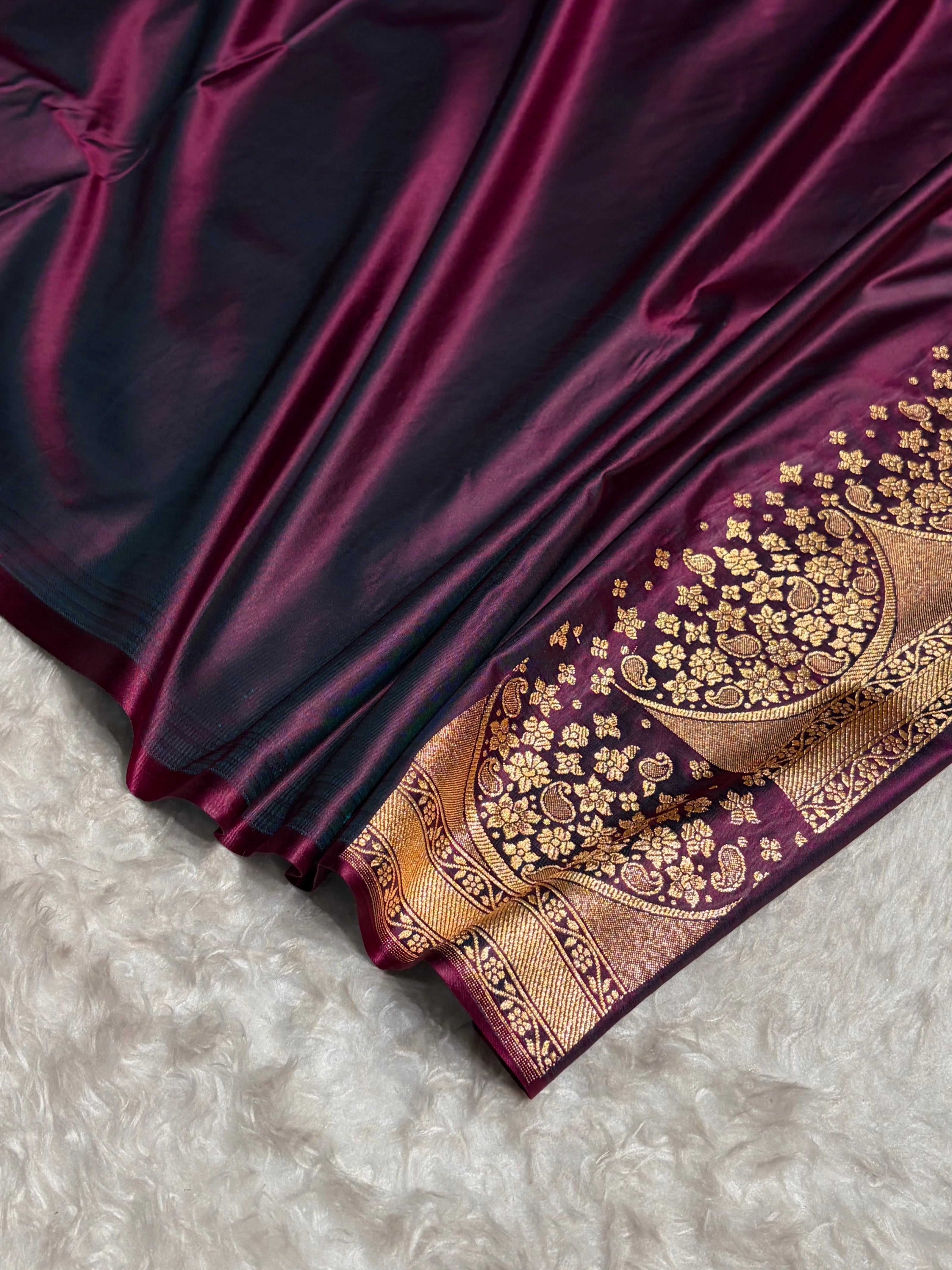 Cross Wine Floral Banasari Pattern Satin Katan Silk Saree SK83