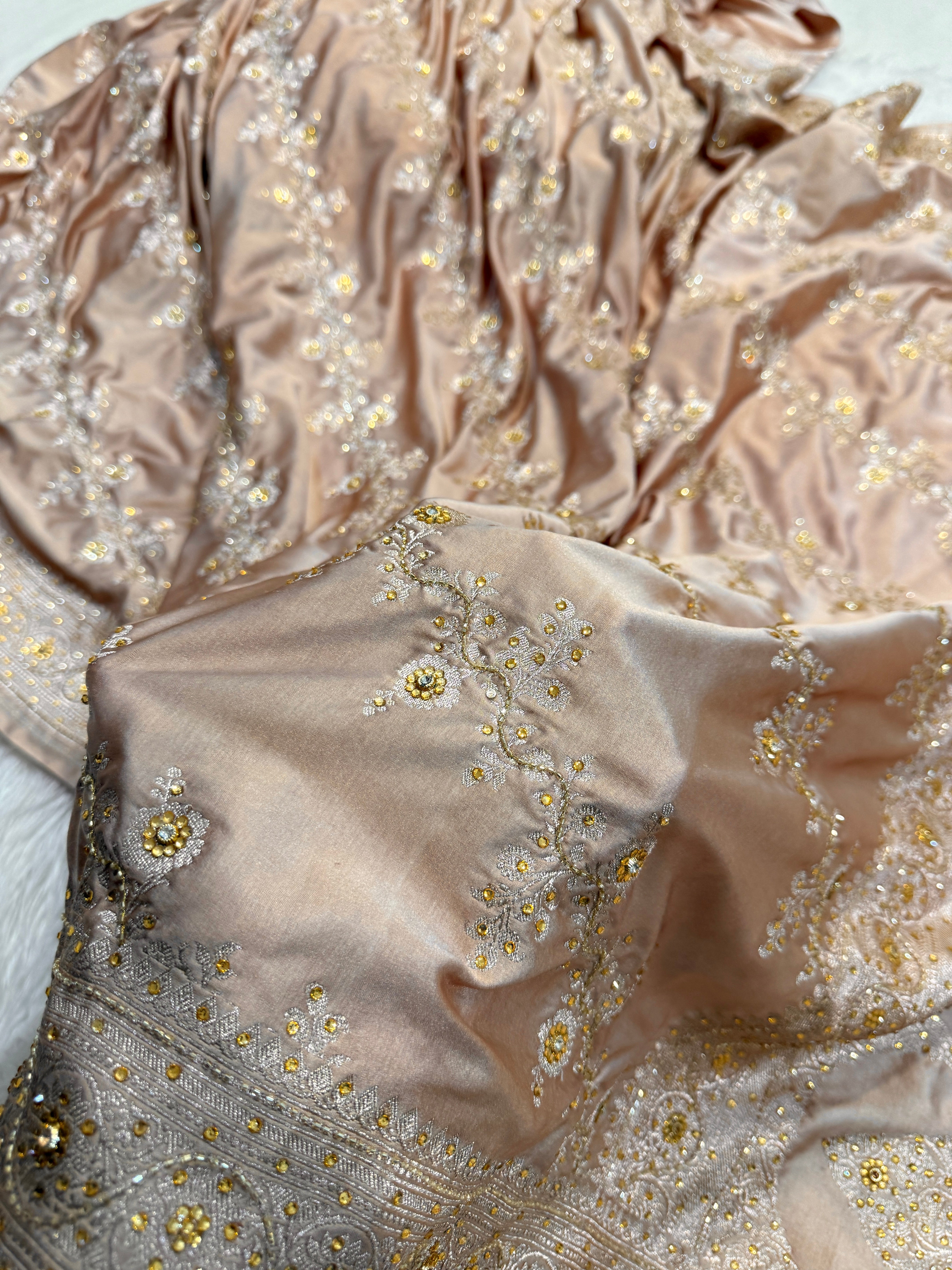 Bridal Beige Gold Mashru Silk with Ari and Stone