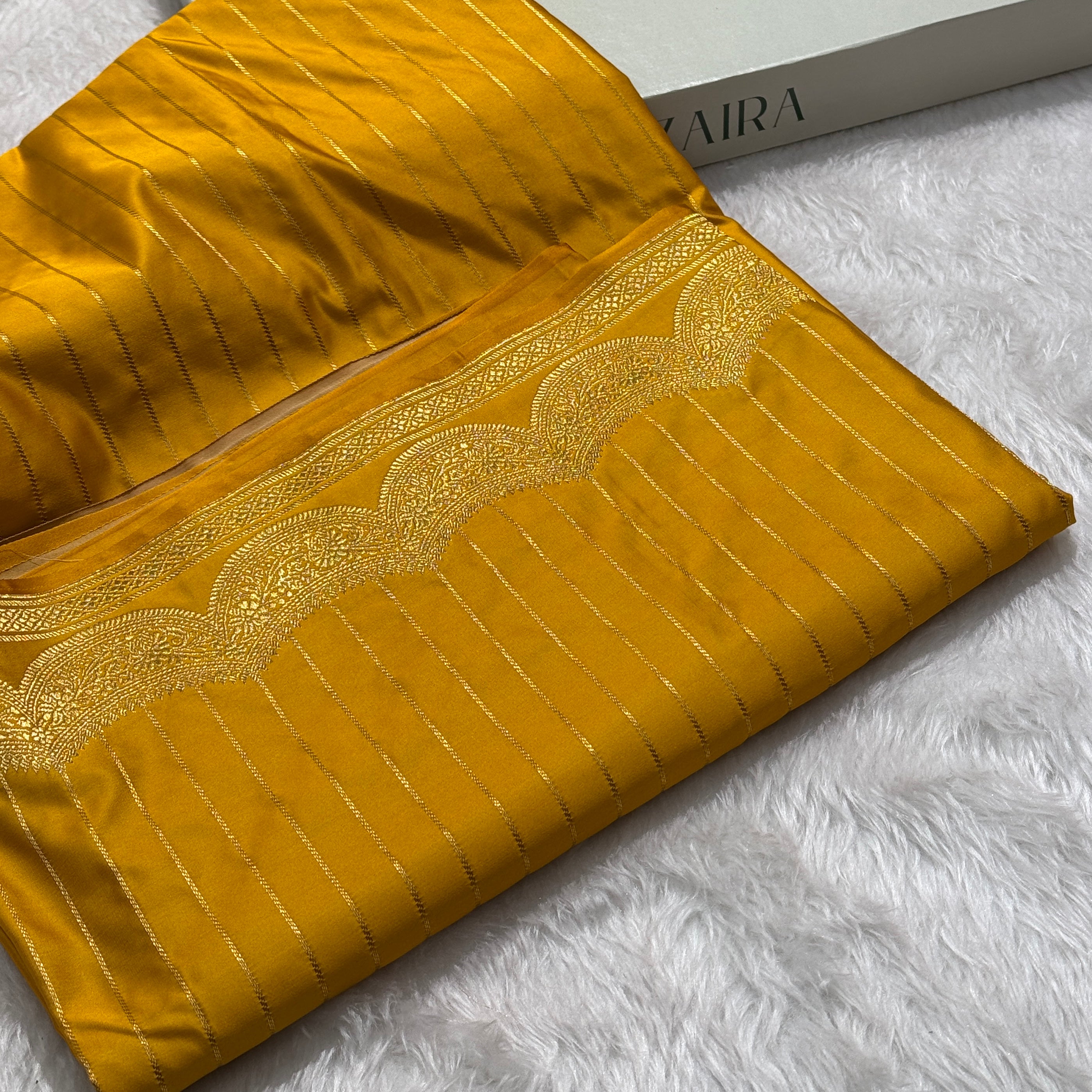Mustard Scallop Strip Mashru Silk Banarasi Saree MSS