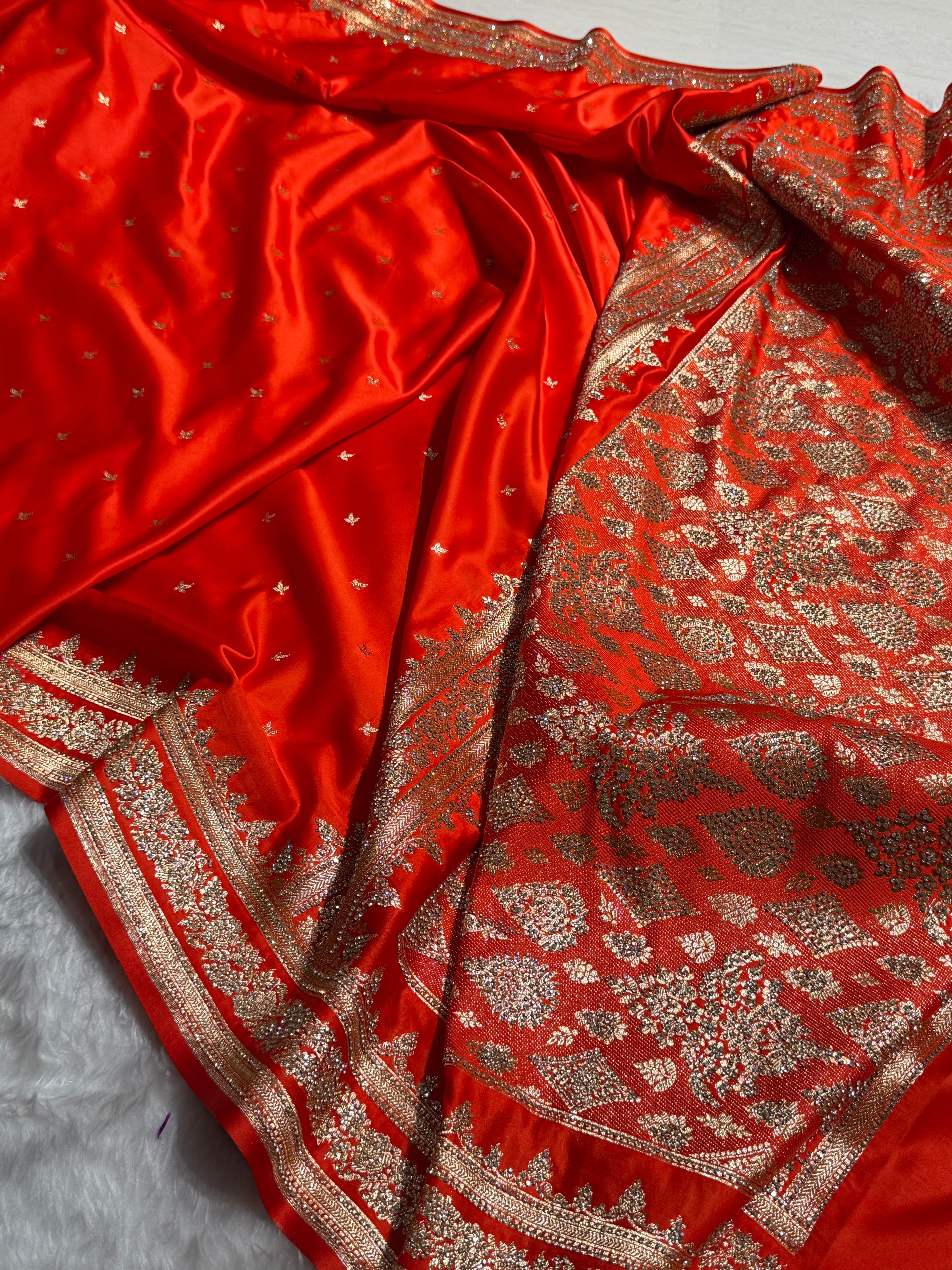 Orange Banarasi Swarovski Work Booti Katan Silk Saree BSKM17