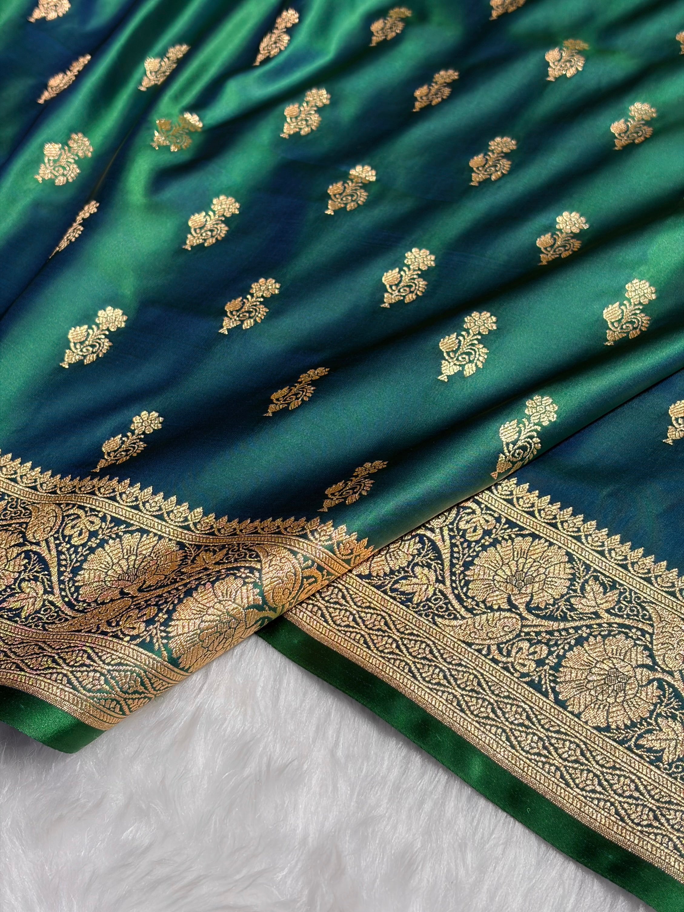 Cross Green Unique Boota Pattern Satin Katan Silk Saree SK68