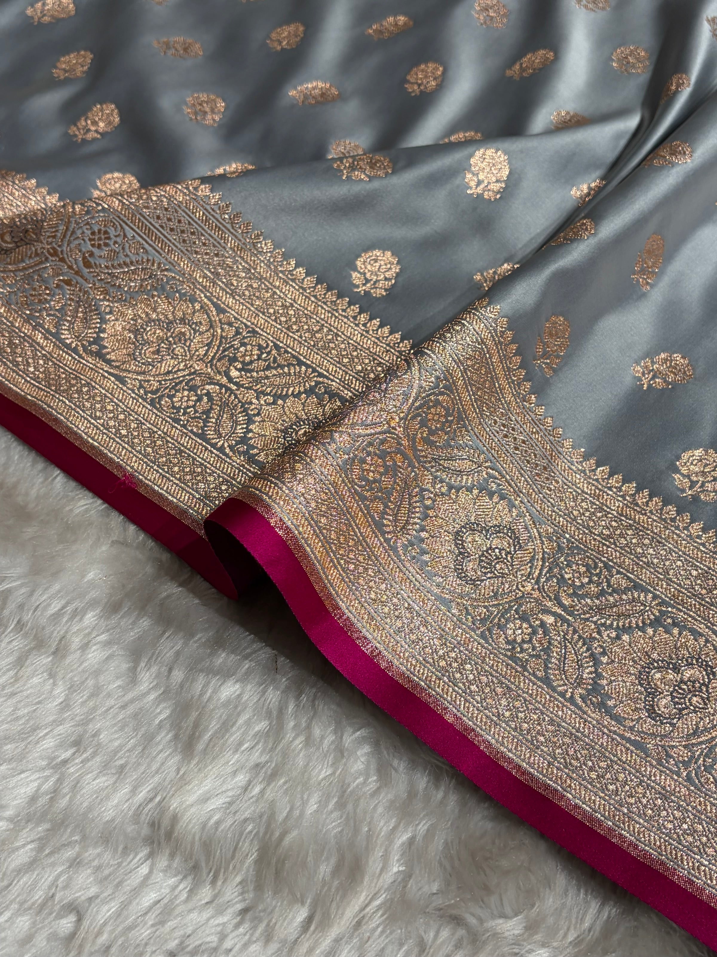 Floral boota Satin katan Silk Saree In Grey Shades SK12