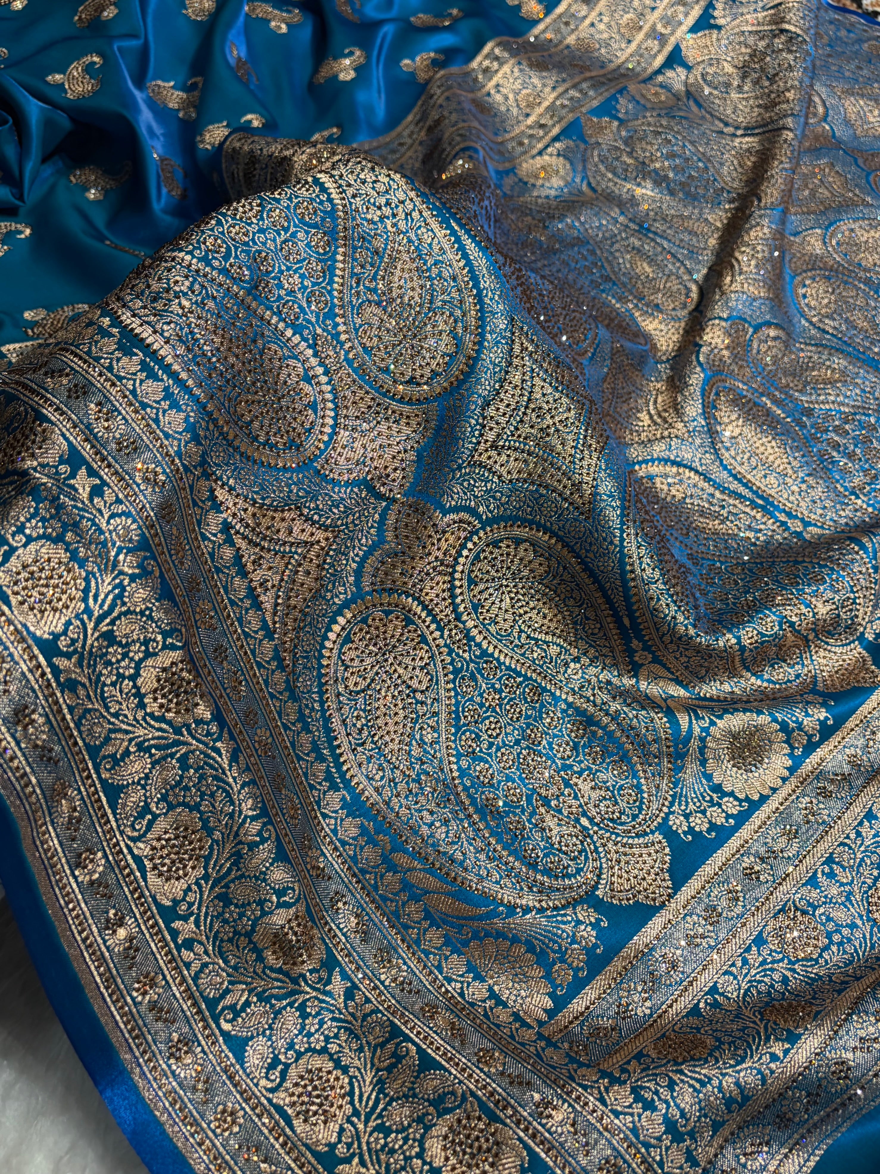 Satin Silk Saree Tredition Banarasi Swarovski Work Floral Boota in Firozi Shades BSS27