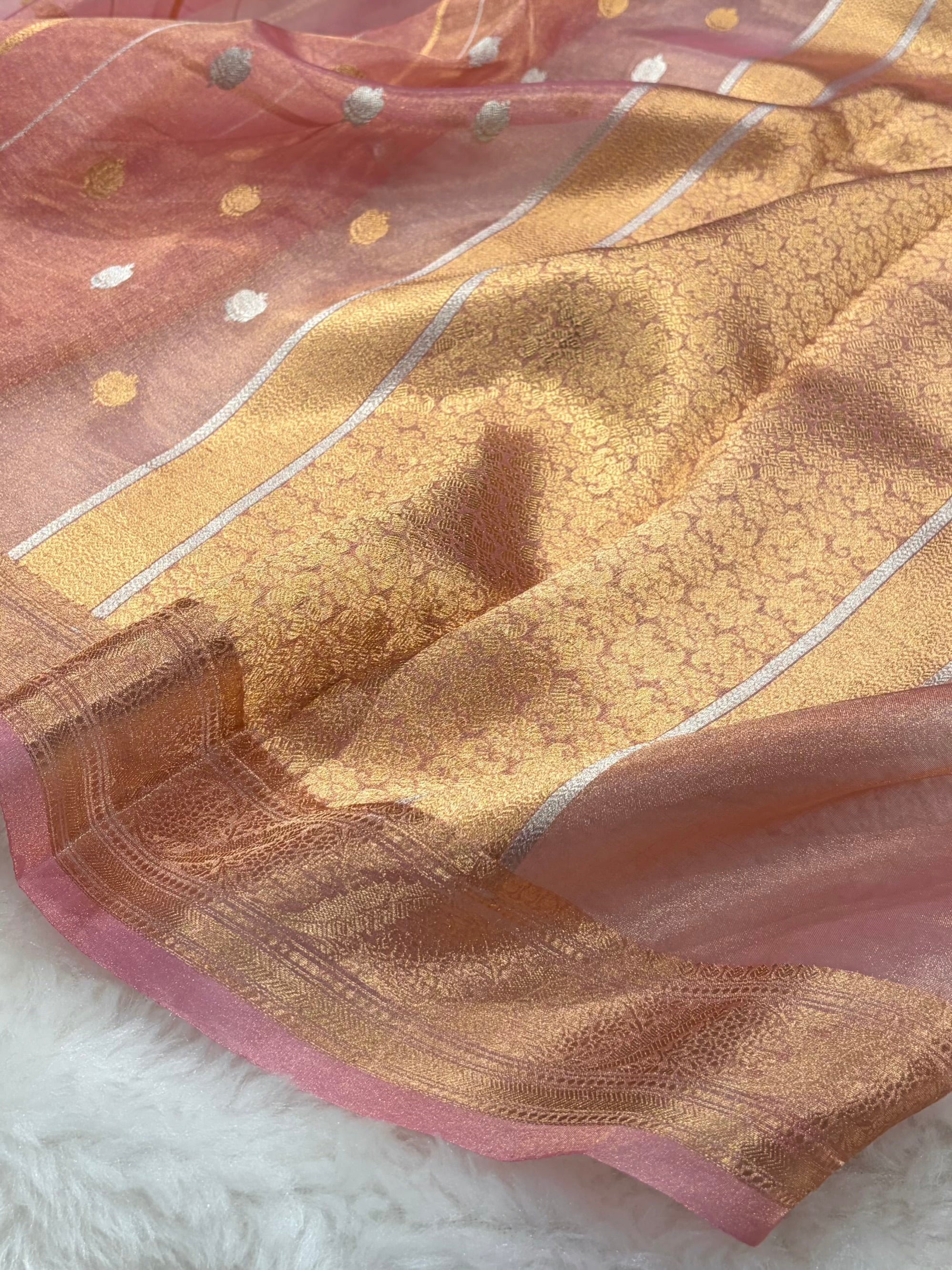 Baby Peach Bananasi Floral Shades Pure Tissue Silk Saree PT-47