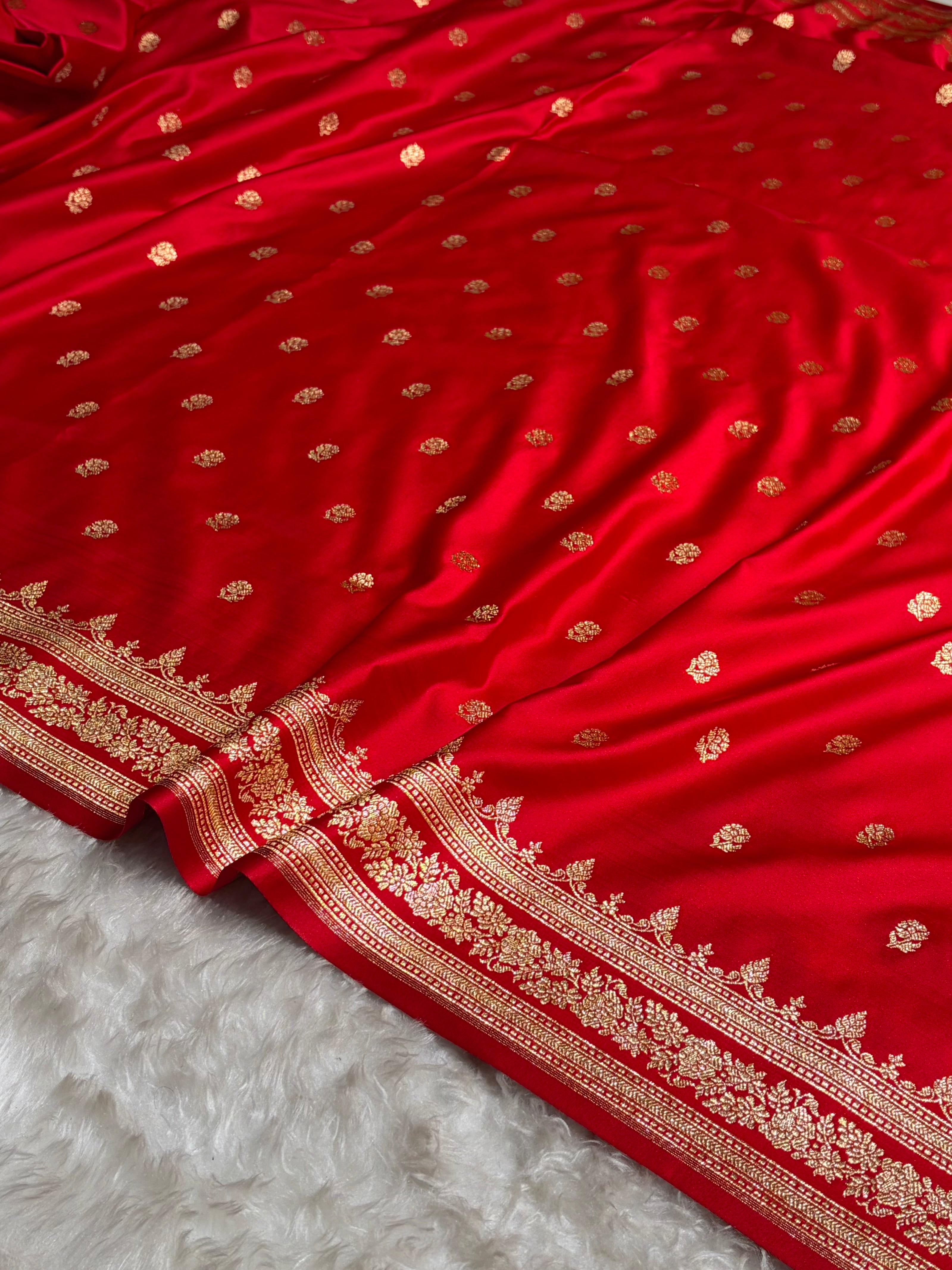 Red Floral Pattern Satin Katan Silk Saree SK76