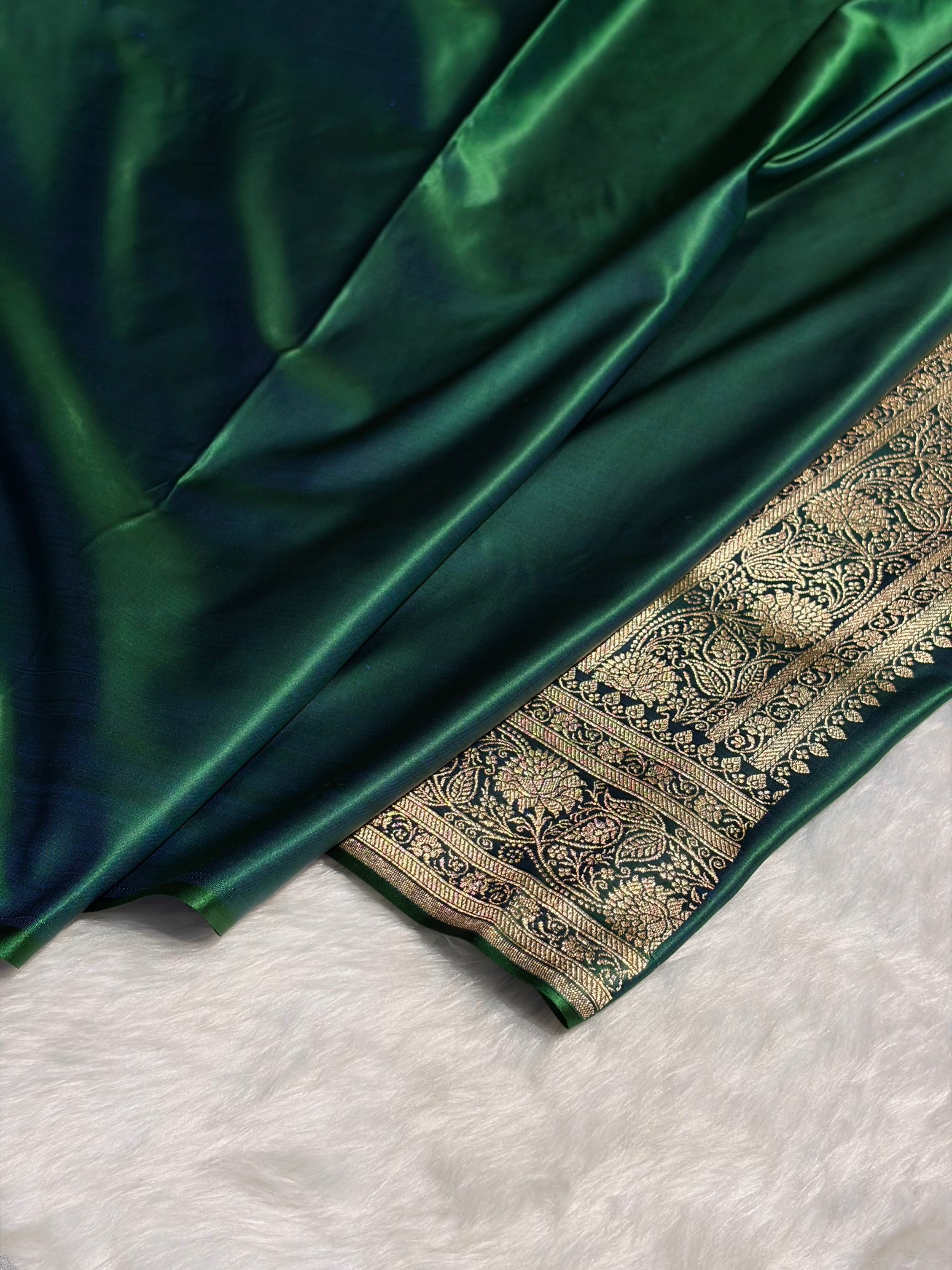 Cross Green Booti Pattern Satin Katan Silk Saree SK53
