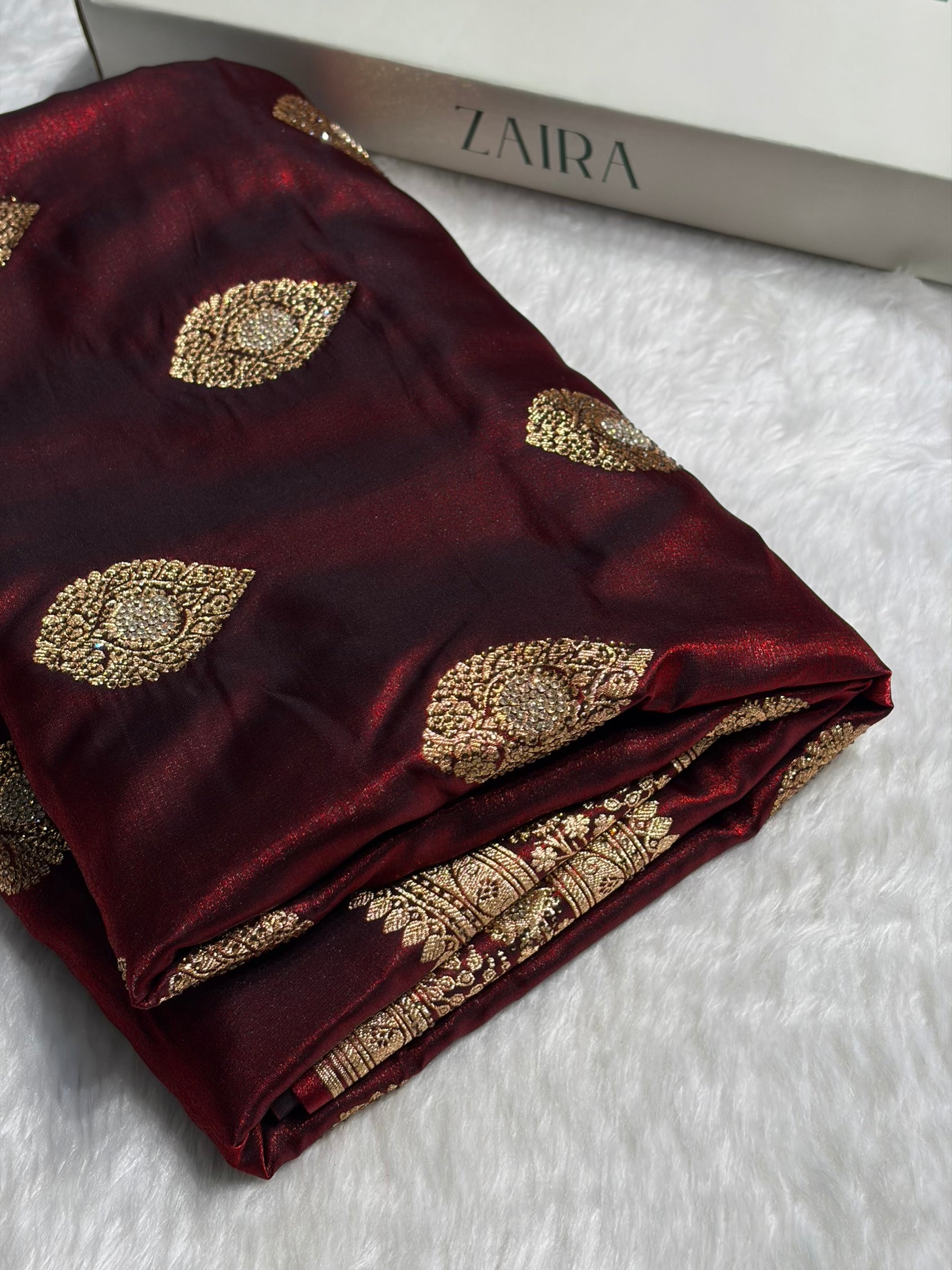 Maroon Shades Banarsi Satin Silk Boota with Stone Work BSS05