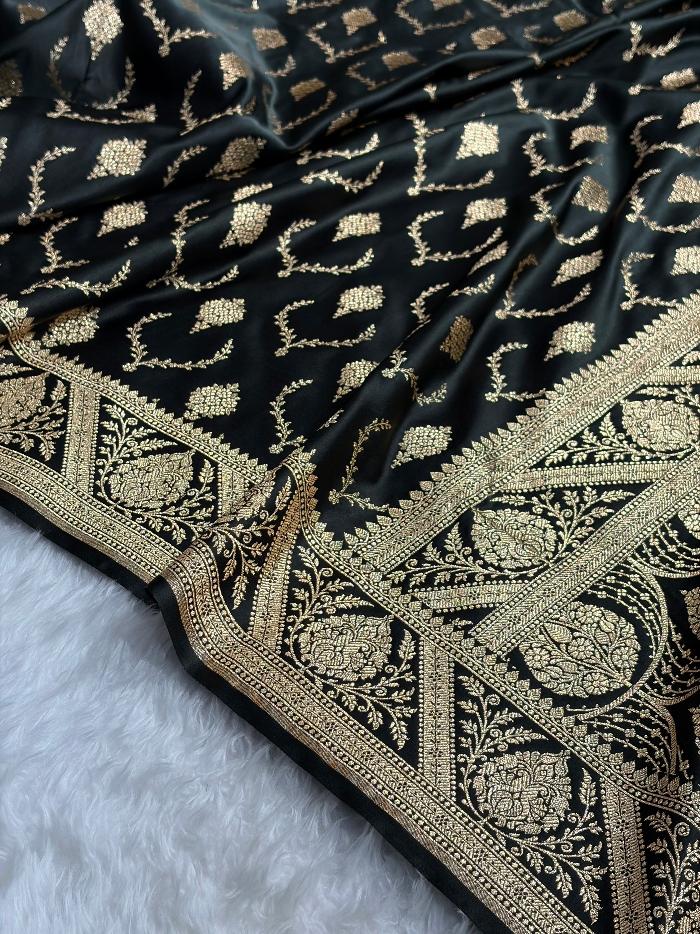 Banarasi Satin Katan Saree With Boota in Black Shades SK116