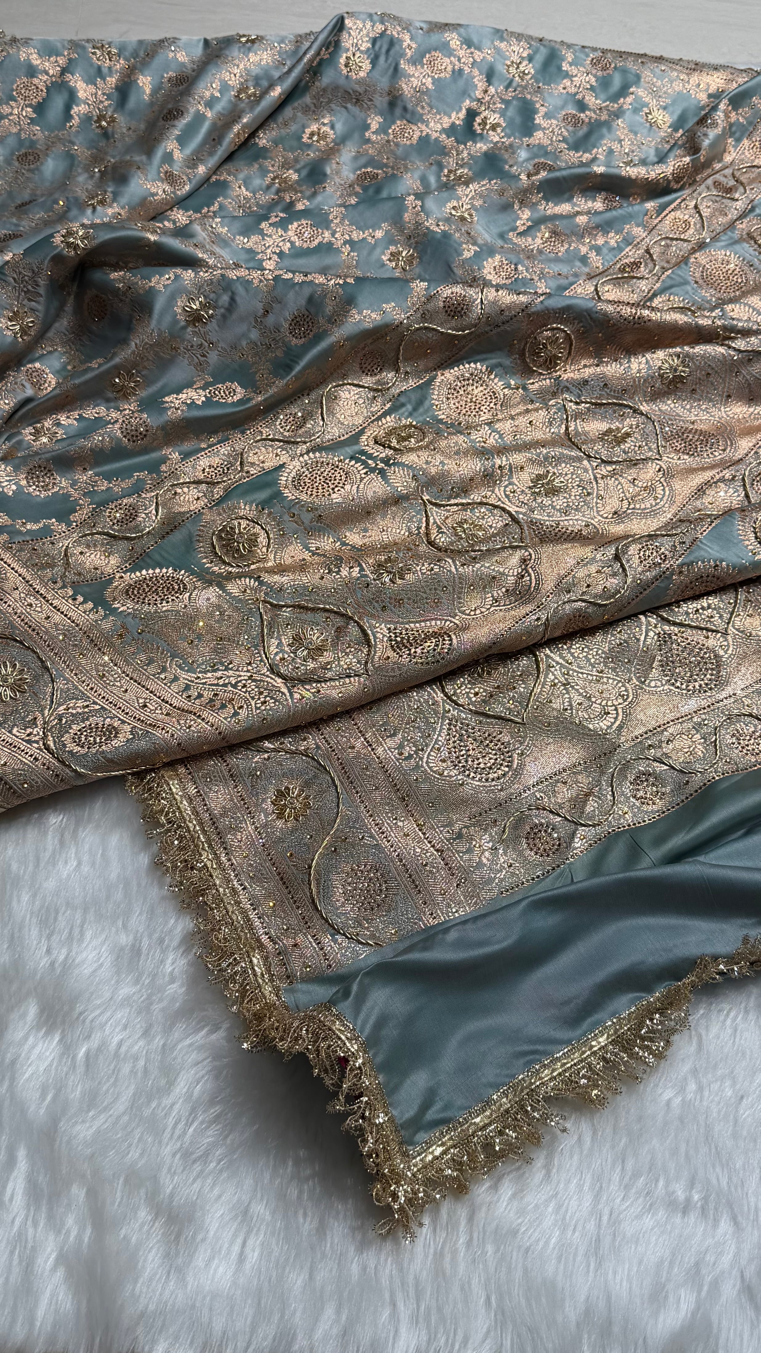 Dusty Turquoise Swavroski Work Jaal Pattern Satin Katan Silk Saree BSK25