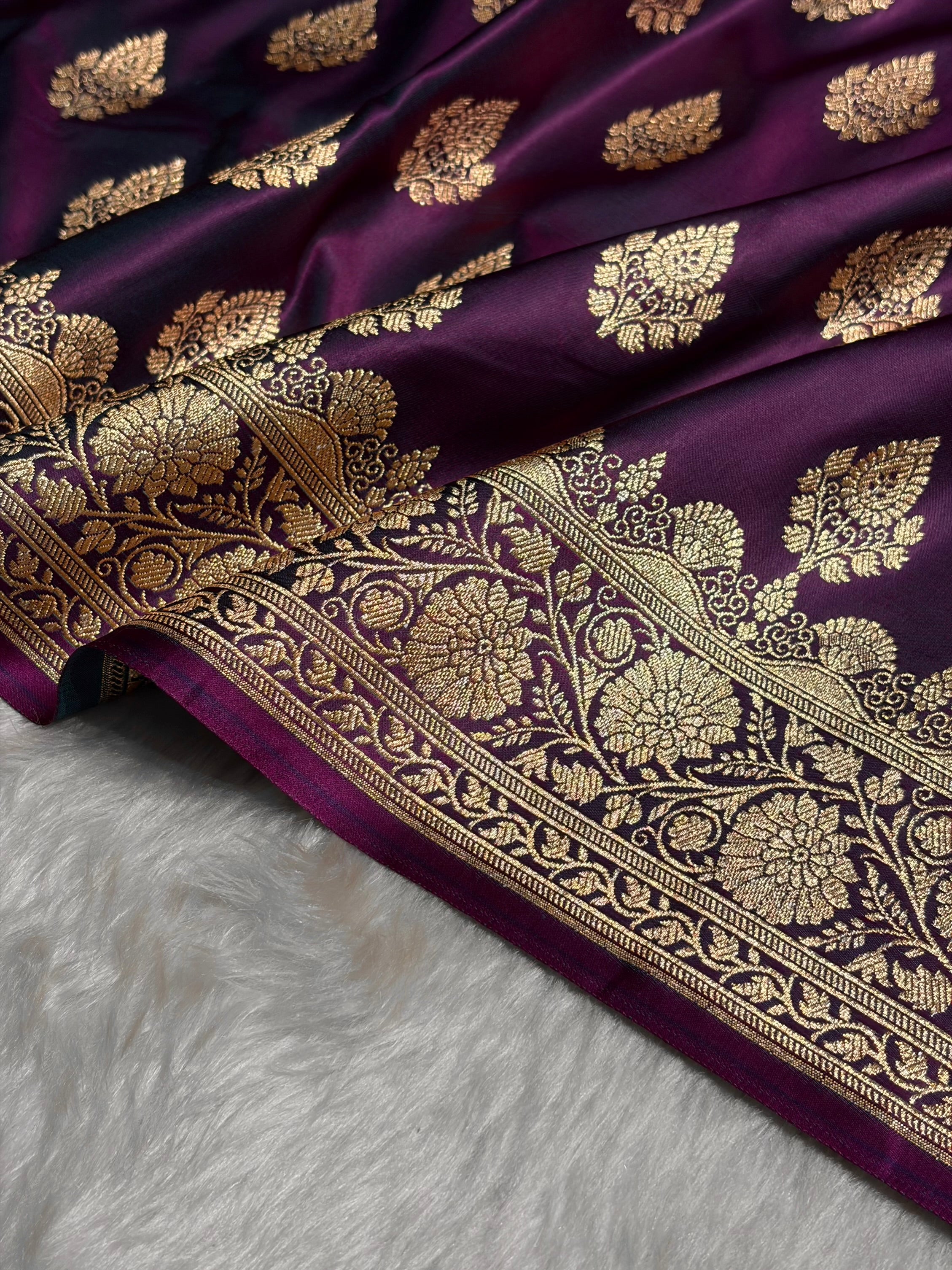 Wine Floral Boota Pattern Satin Katan Silk saree SK45