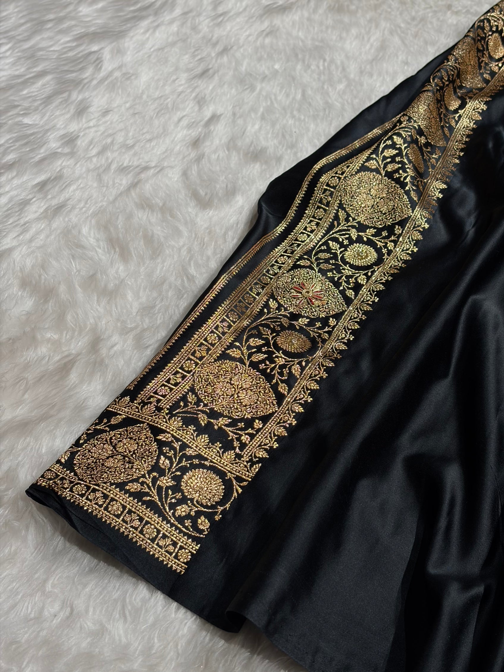 Banarasi Satin Katan Saree With Aari Zardozi Work Boota in Black Shades BSK98