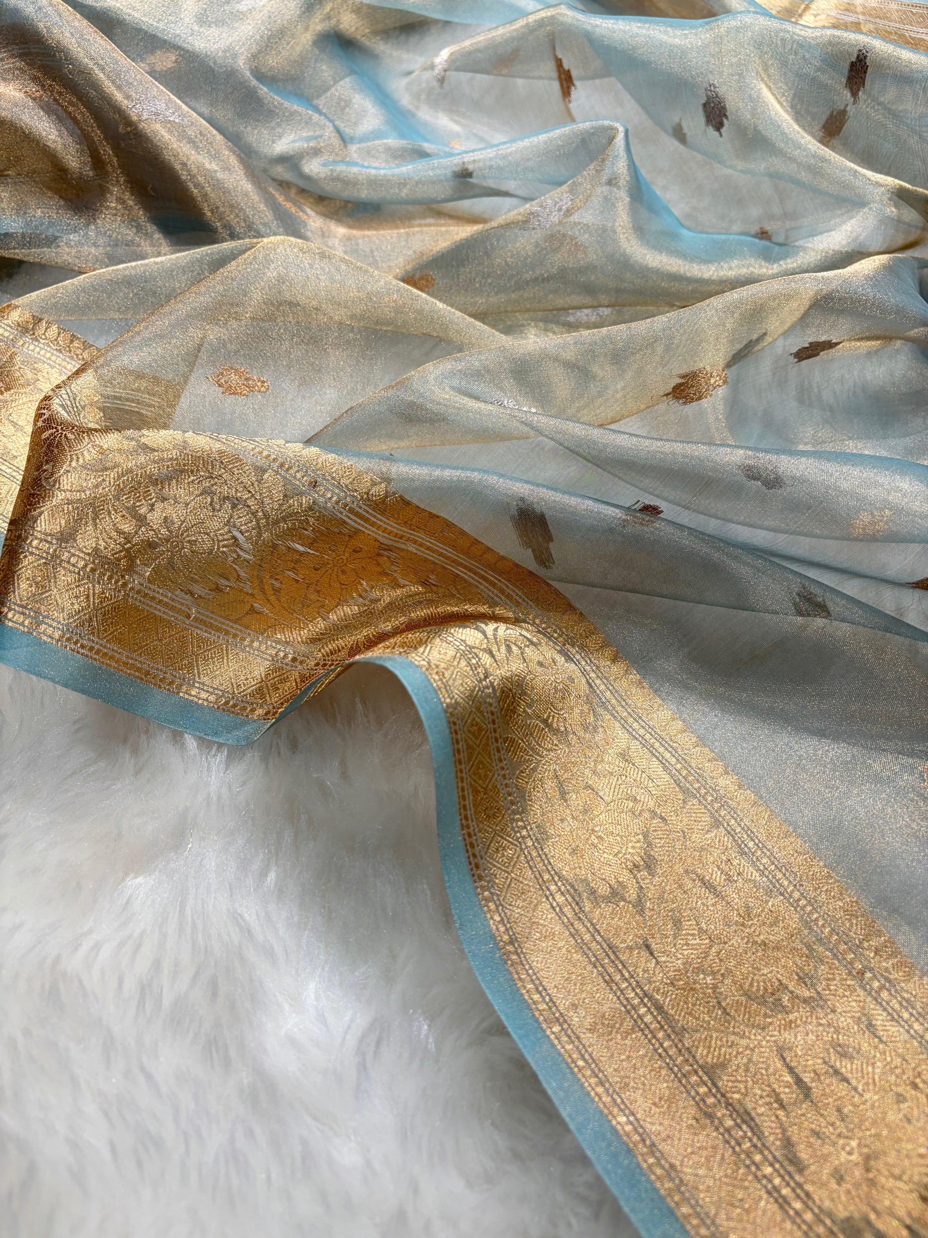 Sea Green Bananasi Floral Shades Pure Tissue Silk Saree PT-52