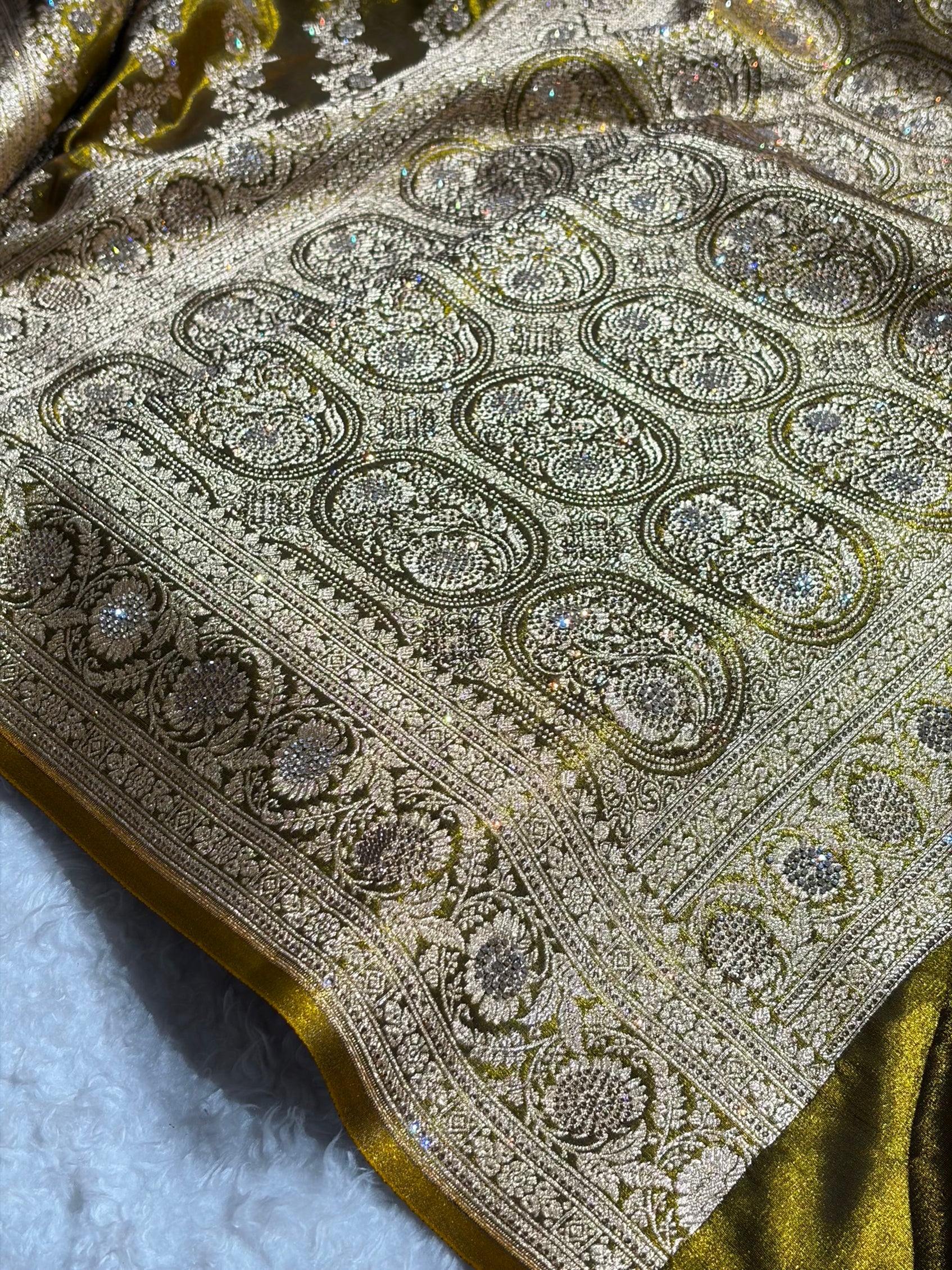 Banarasi Bridal Mehendi Shades With Swarovski Stone and White Stone Work Satin Silk Saree BSS32