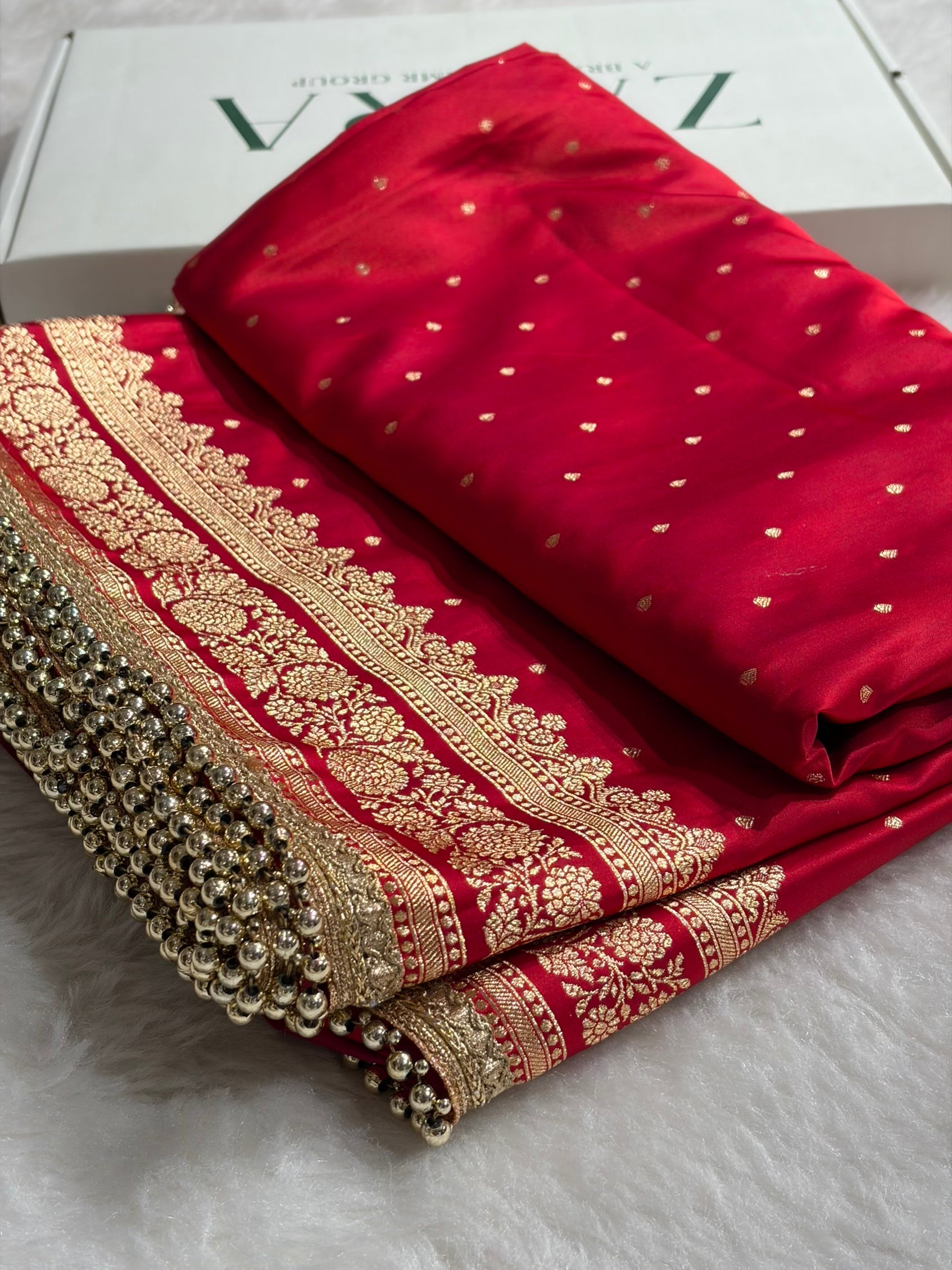 Banarasi Satin Katan Saree With Gotta Patti Work in Cross Red Shades SKGP91