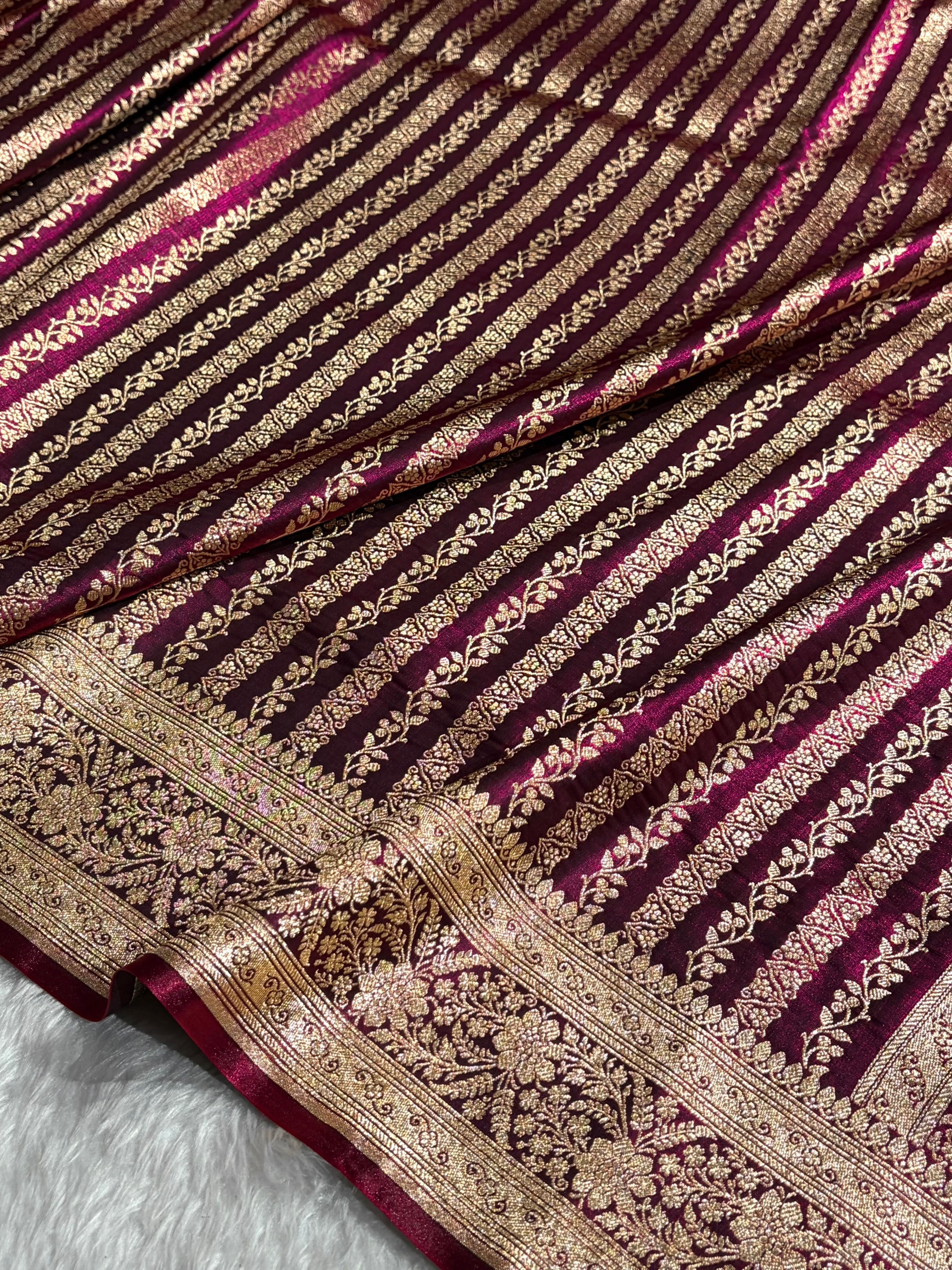 Wine Shades Stripe Pattern Banarasi Satin Silk Saree SS46