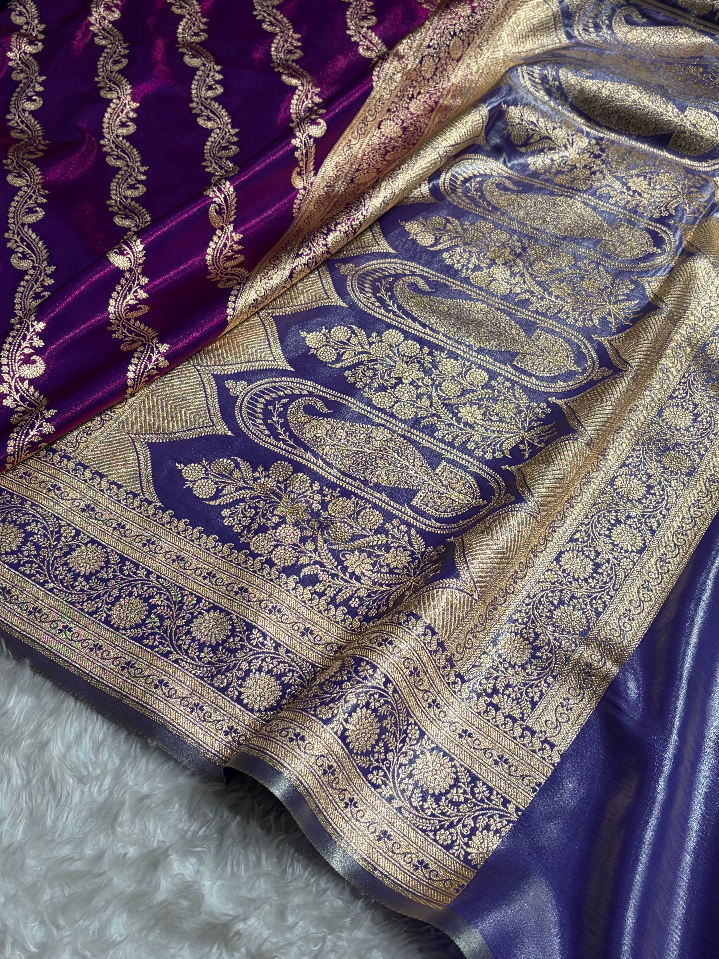 Peacock Contrast Shades Cross Pattern Banarasi Satin Silk Saree SS39