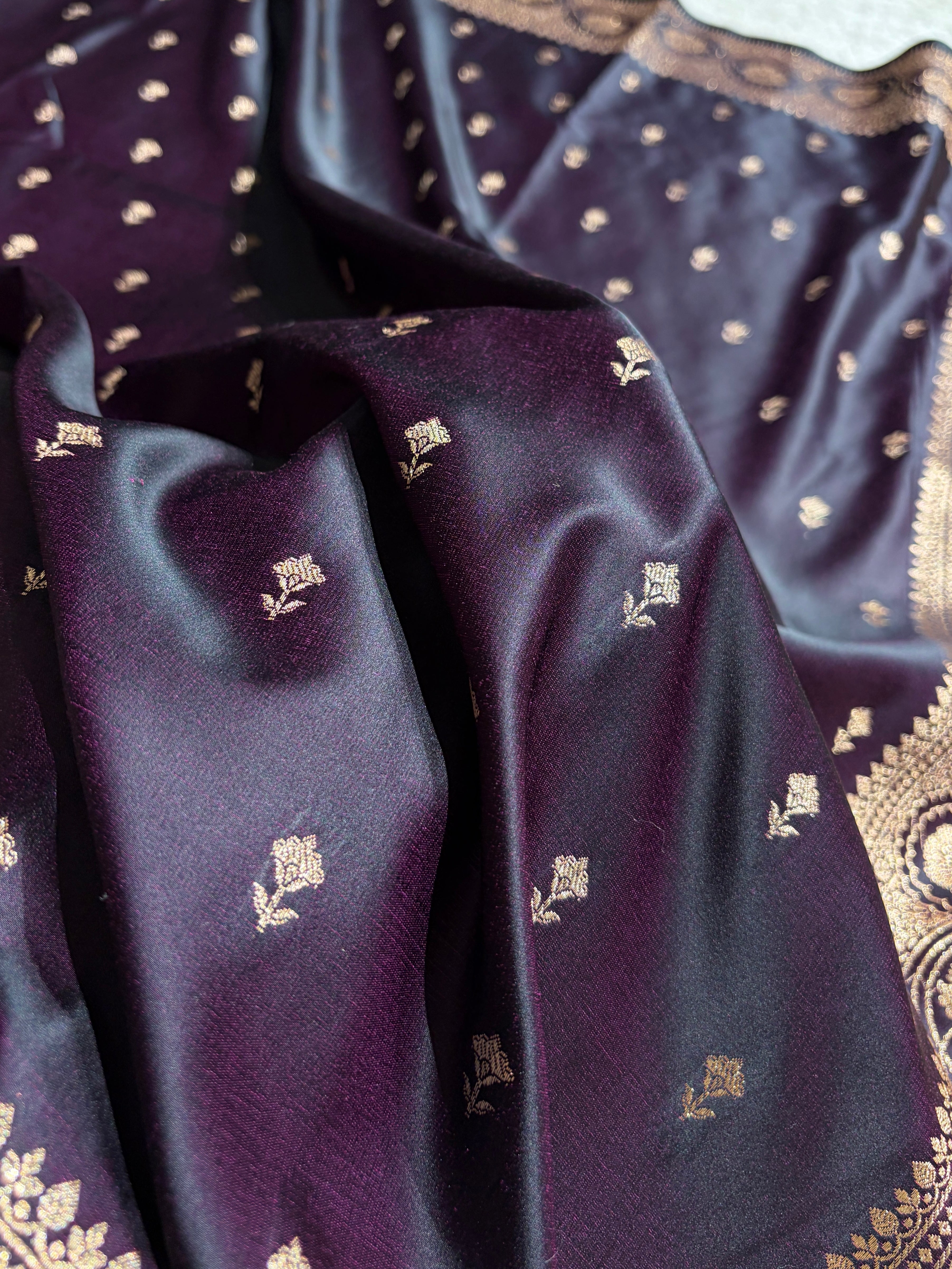 Dark Wine Booti Pattern Satin Katan Silk Saree SK54