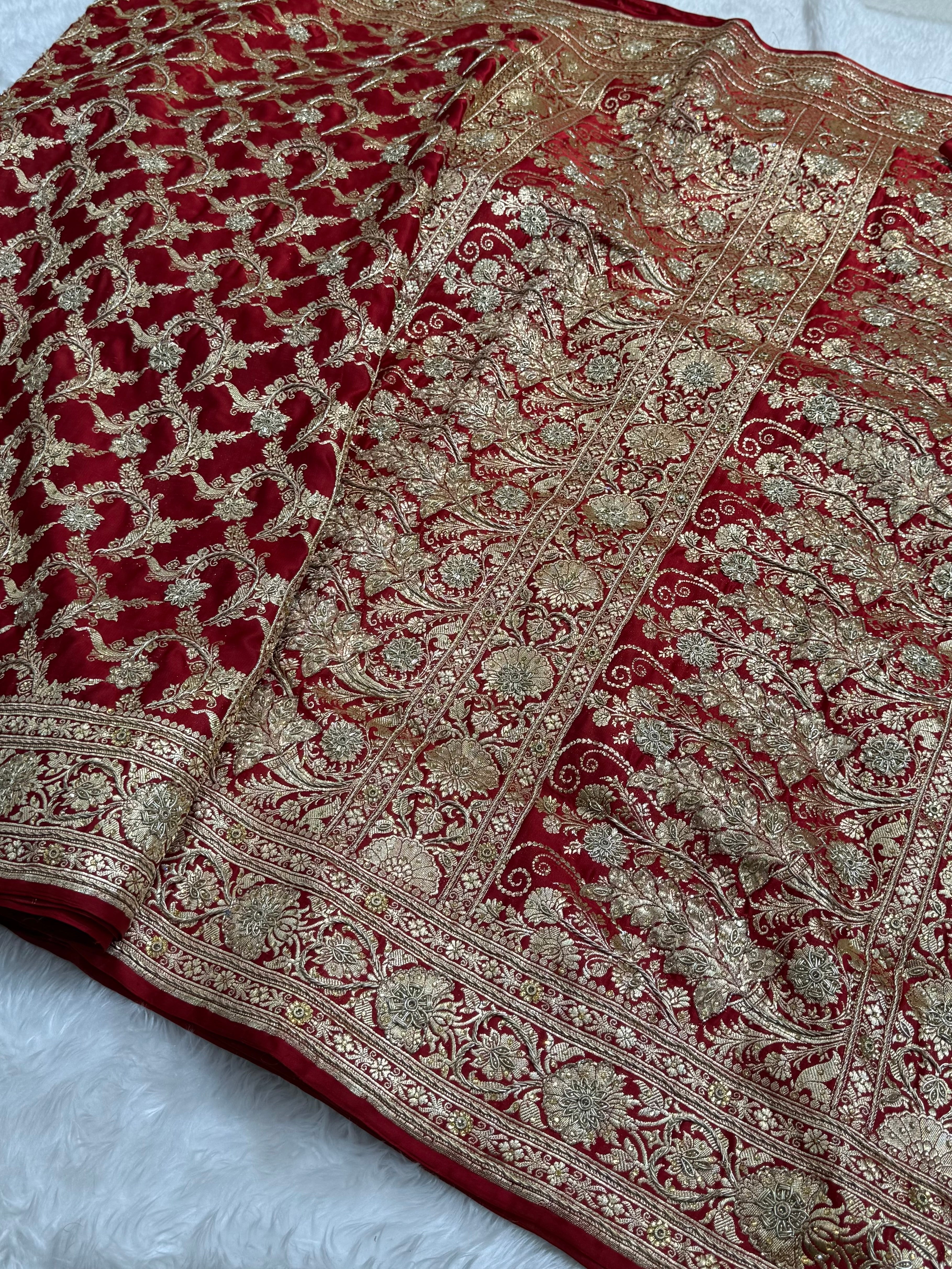 Bridal Maroon Pure Katan Silk Banarasi Saree with Zardozy, Ari and Stone work