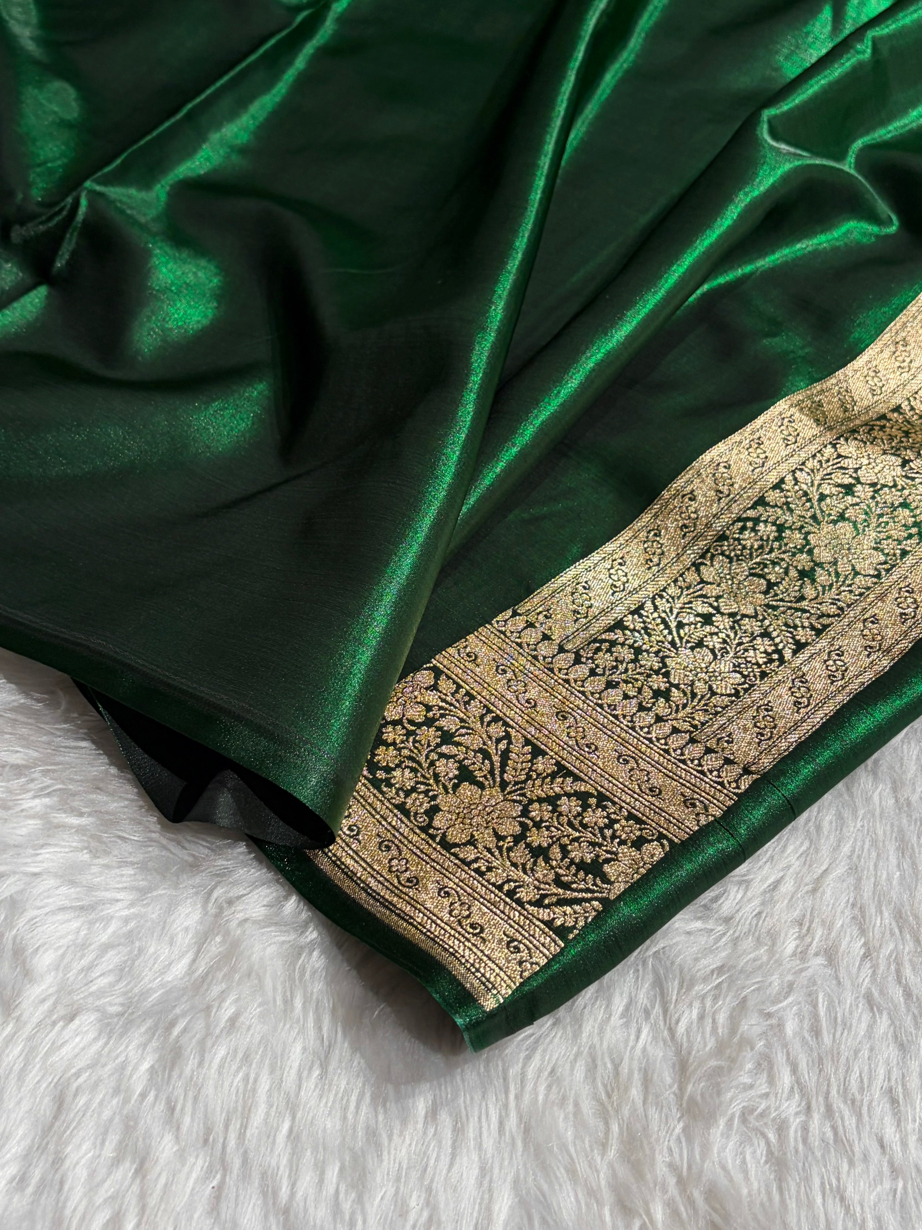 Bottle Green Shades Stripe Pattern Banarasi Satin Silk Saree SS46