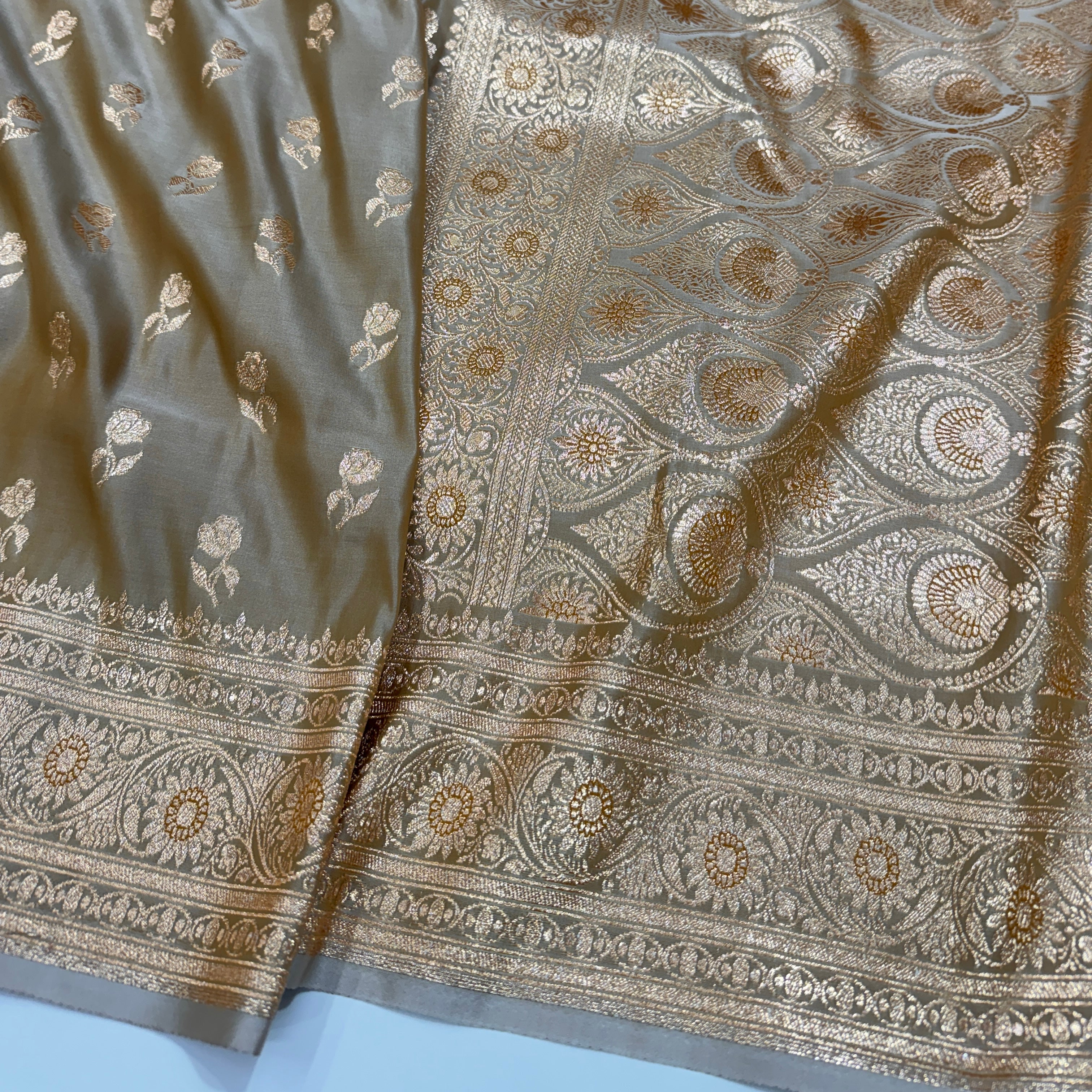 Beige Gold Floral Booti Satin Katan Silk Saree SK13