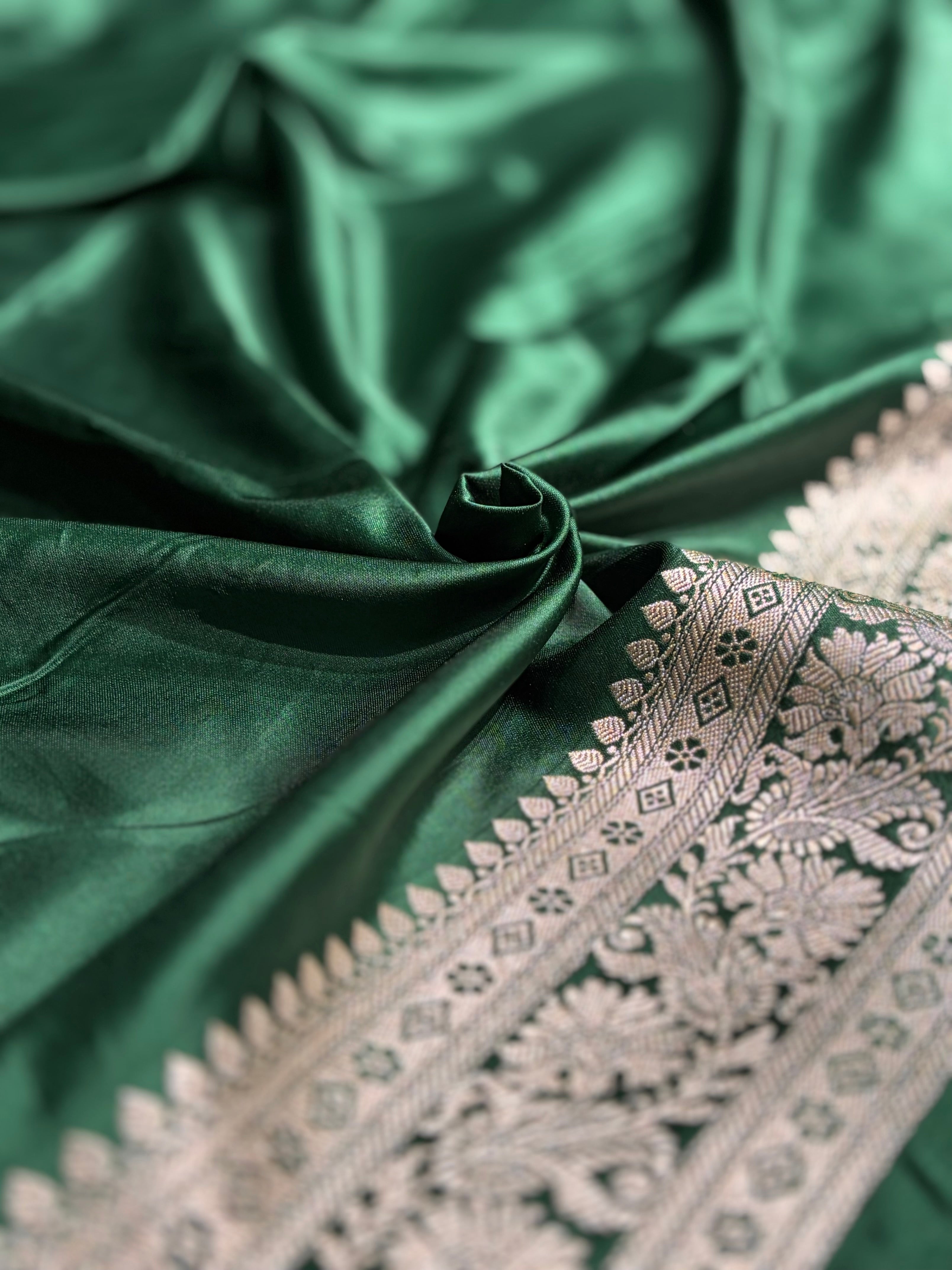Dark Bottle Green Shades Minakari Motif Mashru Silk Saree MS09