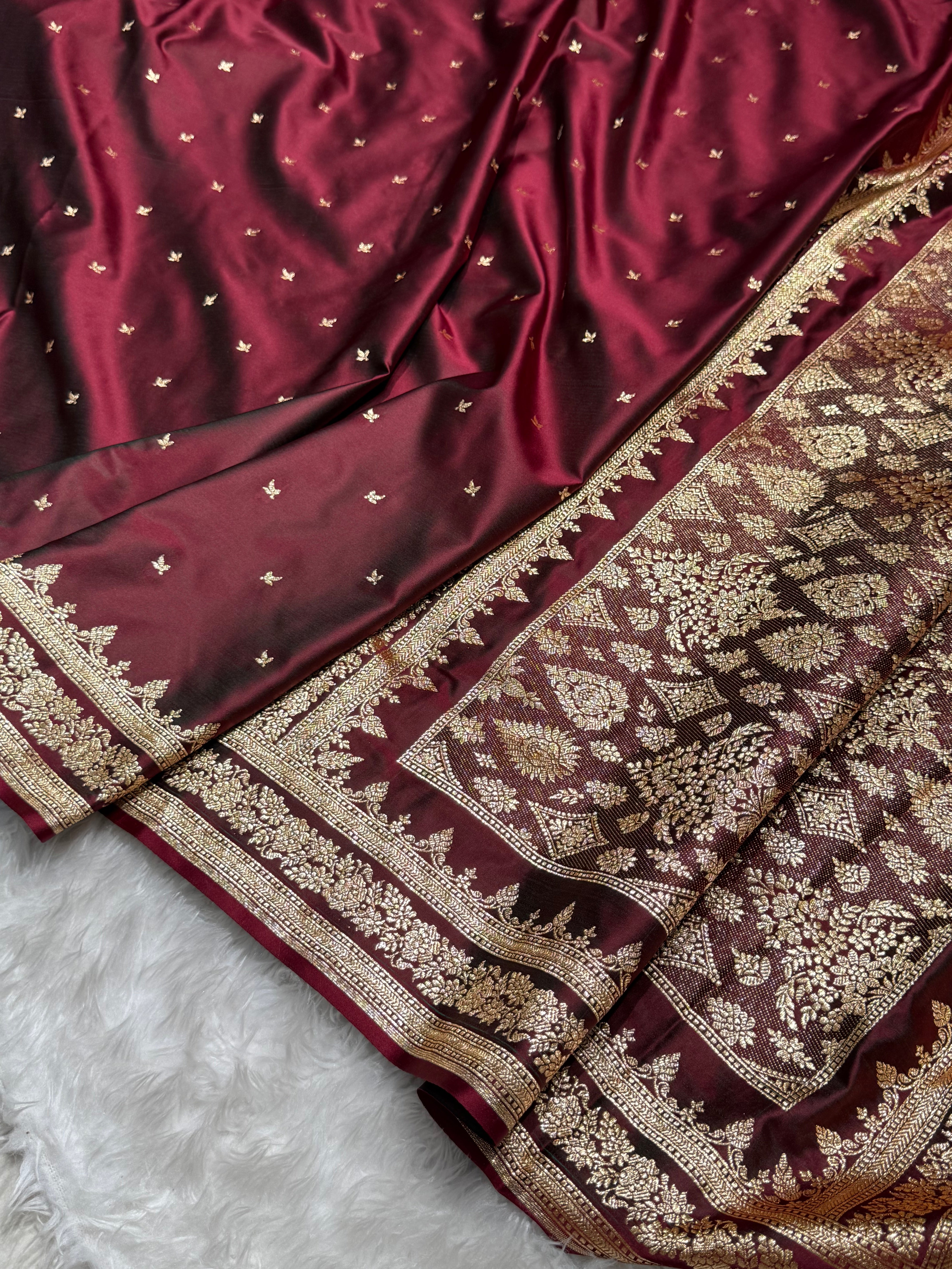 Premium Cross Maroon Banarasi Booti Katan Silk Saree