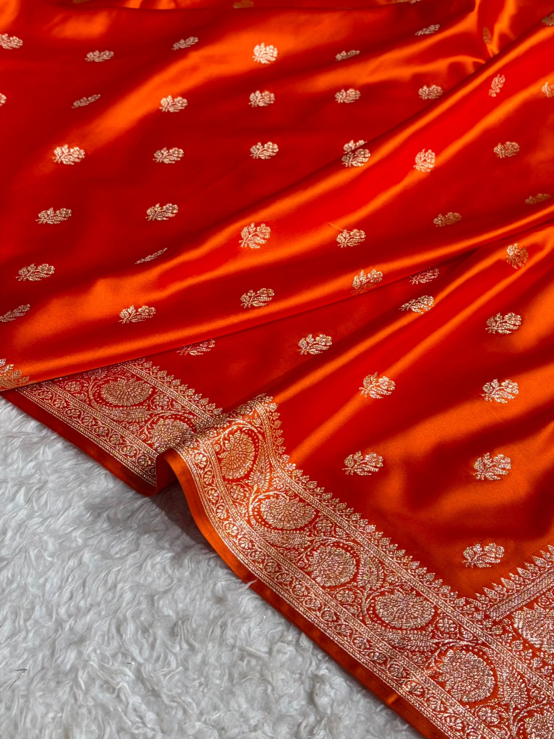 Fanta Orange Floral Boota Pattern Satin Katan Silk Saree SK71
