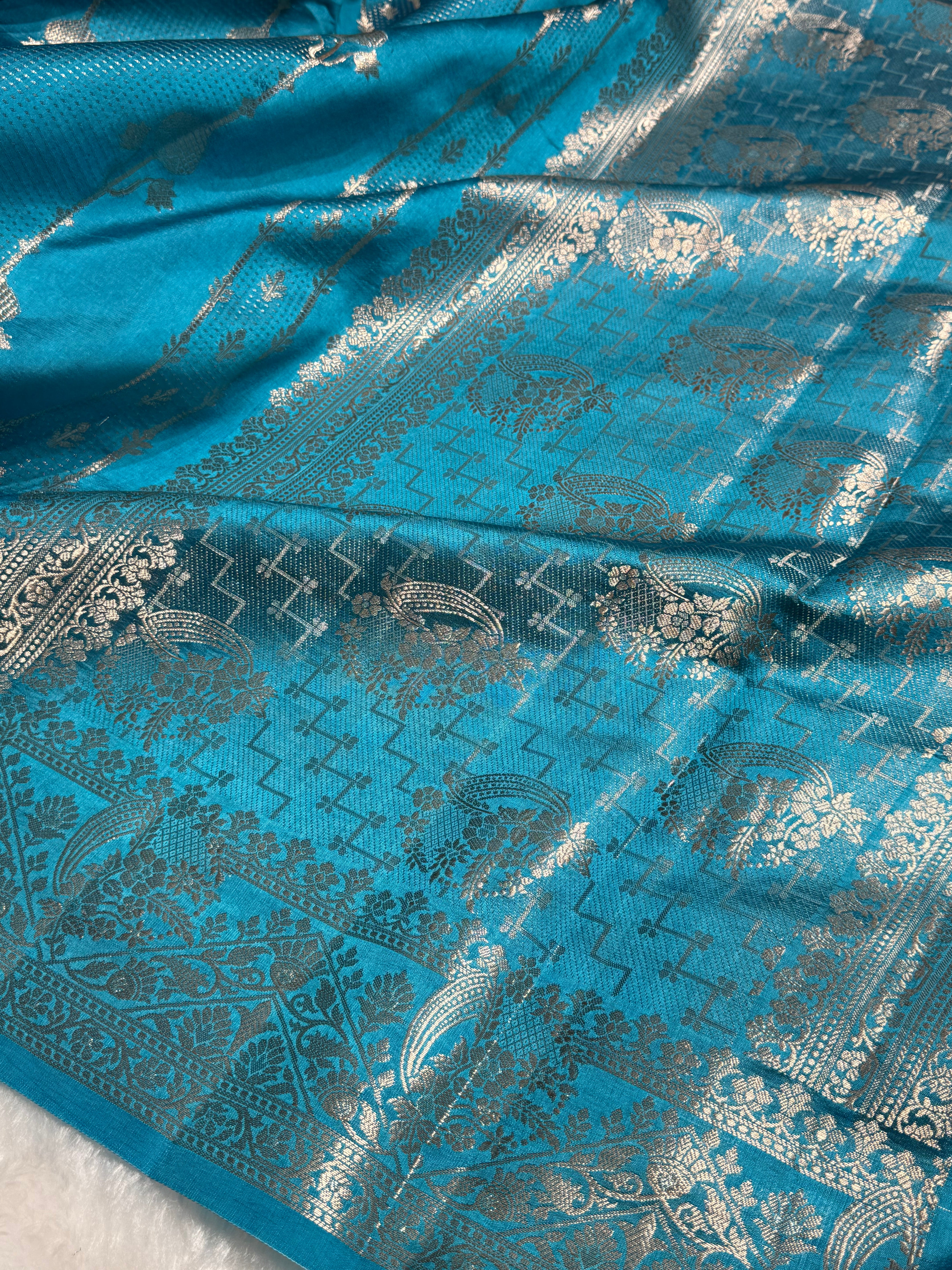 Dusty Blue Shades Floral Strip Booti Pure Caramel Mango Silk Saree