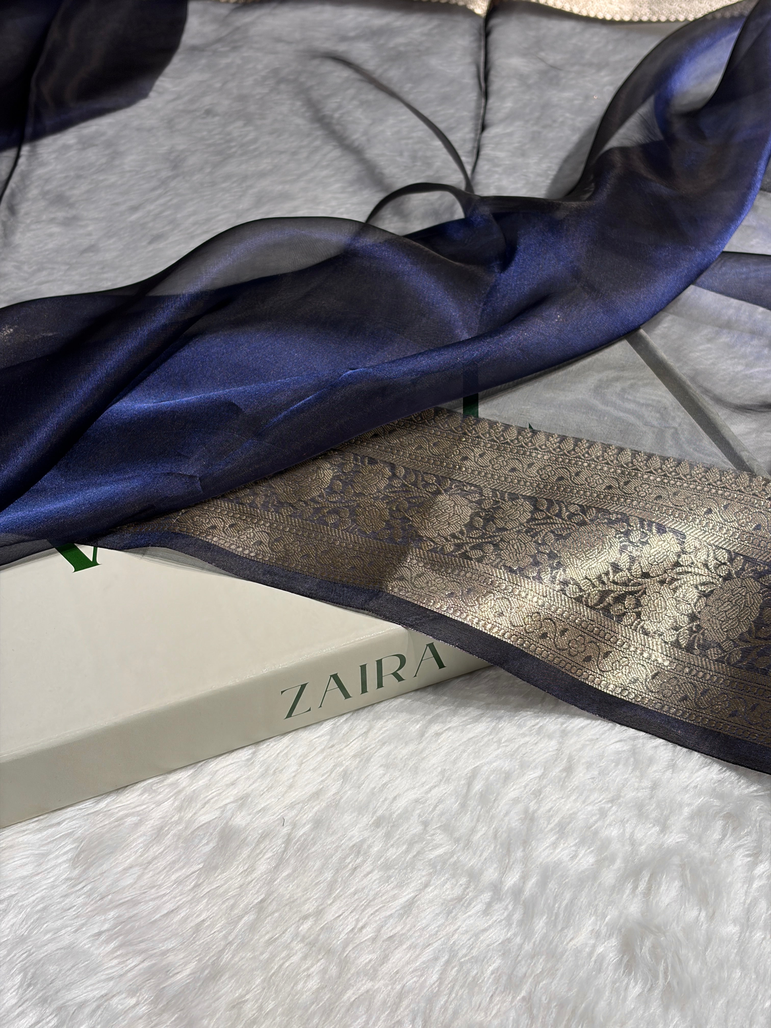 Navy Blue Shades Pure Tissue Silk Saree with Brocade Blouse PT-08