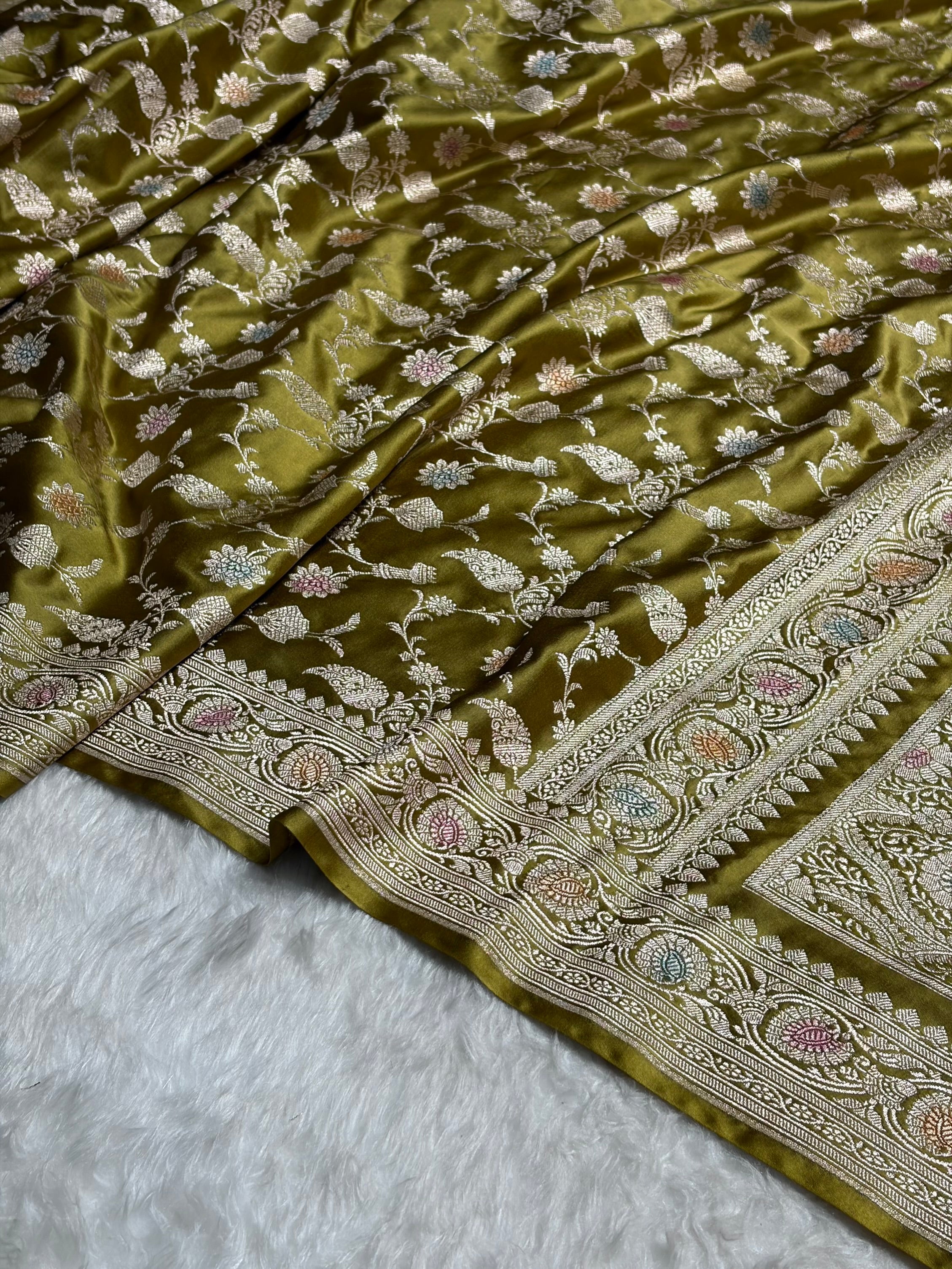 Olive Green Shades In Banarasi Minakari Jaal Mashru Silk Saree MS42
