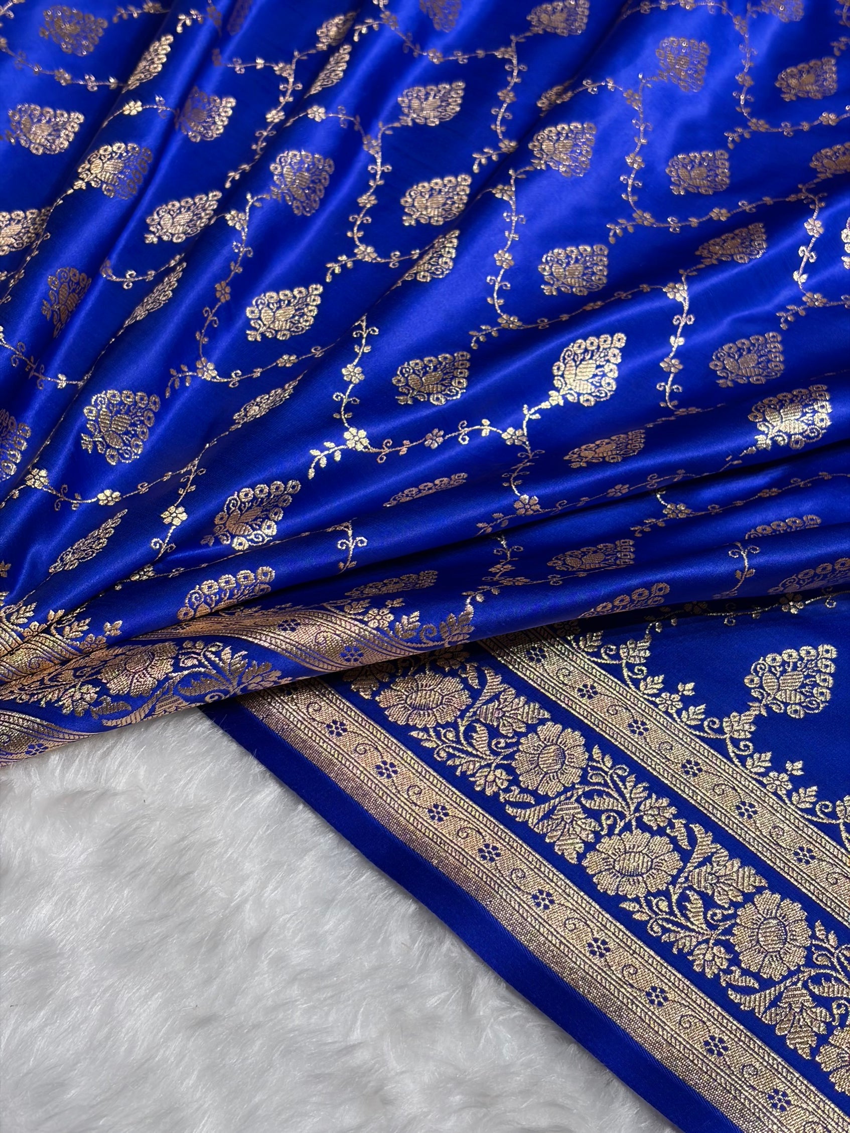 Royal Blue Floral Jaal Pattern Satin Katan Silk saree SK42