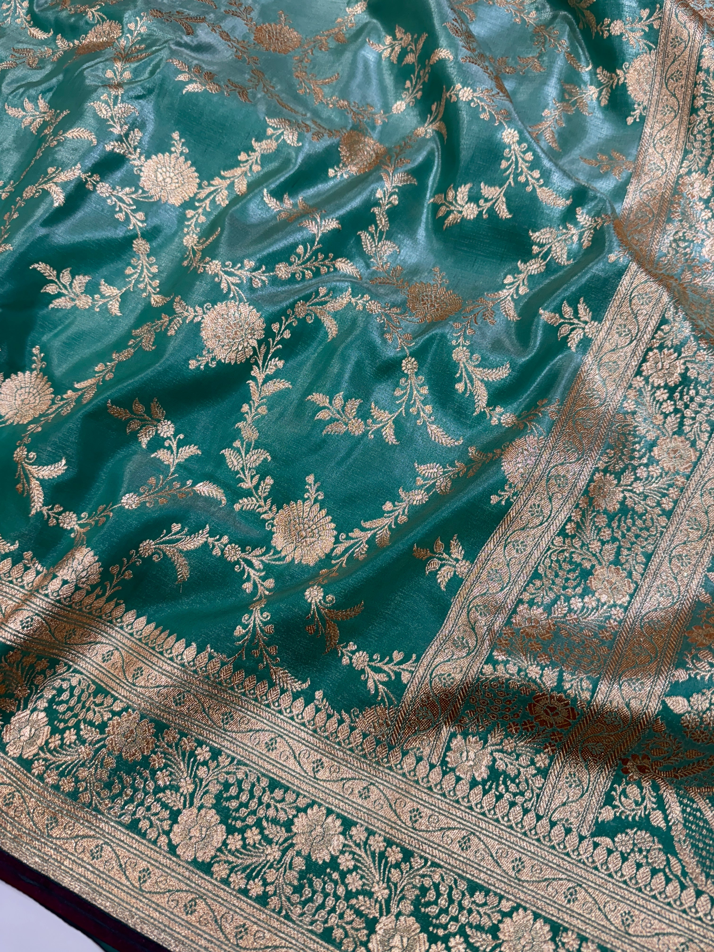 Ultra Light Weight Satin Silk Jaal in Light Pista Shades SS14