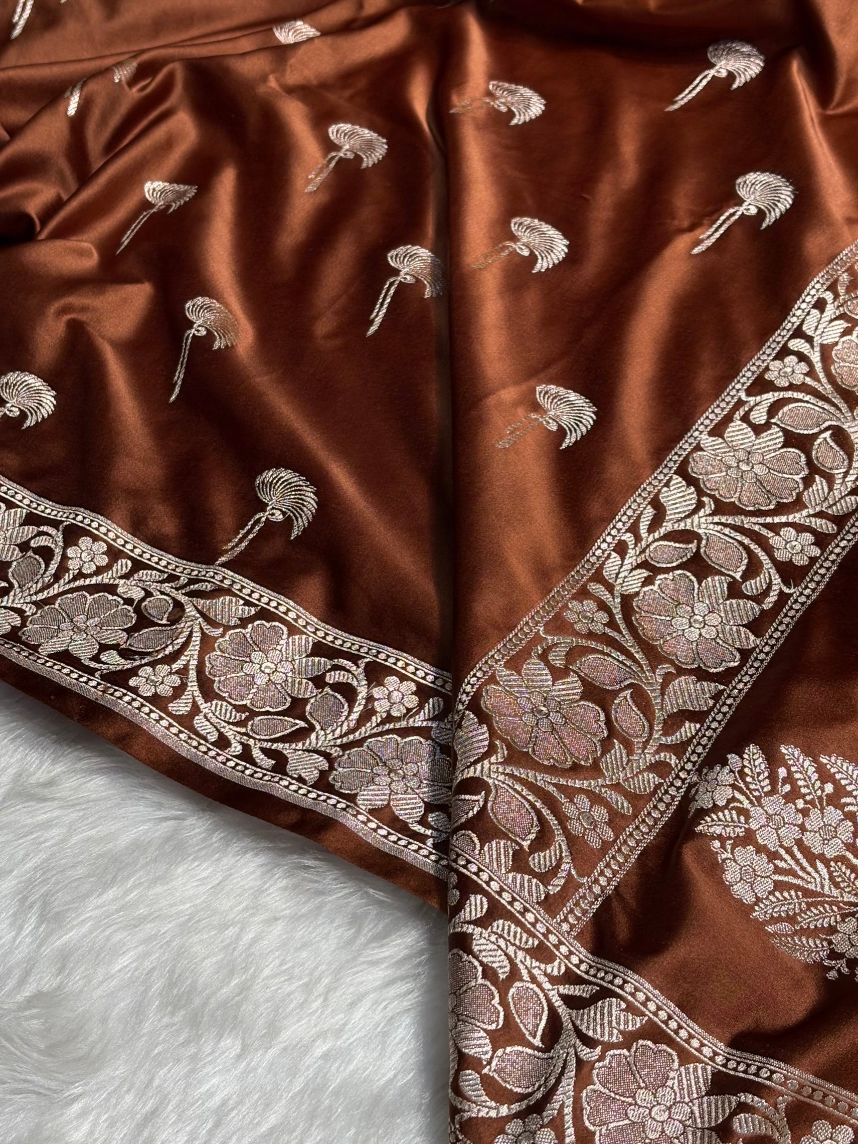 Dark Rust Shades Floral Booti Mashru Silk Saree