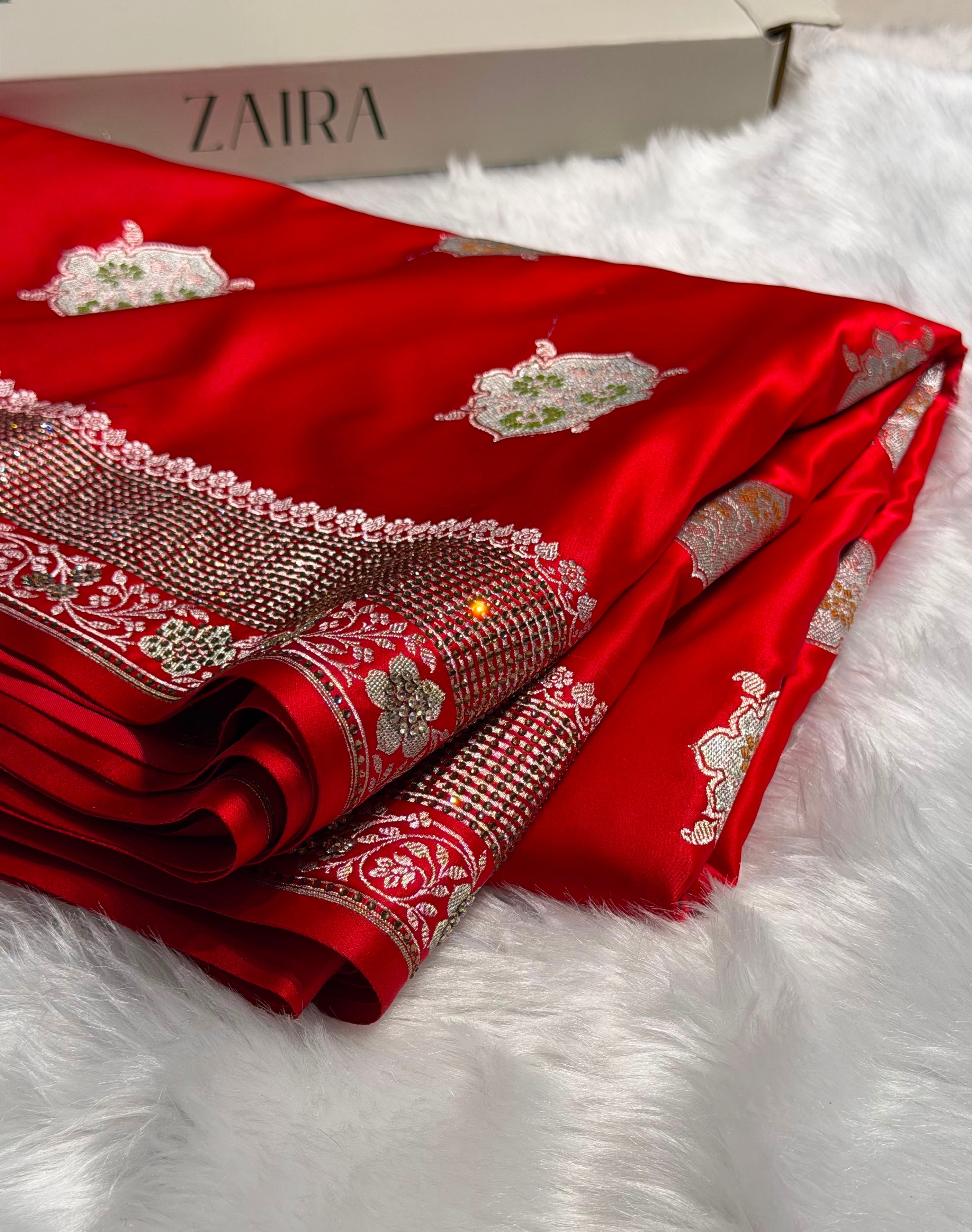 Premium Banarasi Satin Katan Saree Swarovski Work Minakari Booti Pattern in Red Shades BSK04