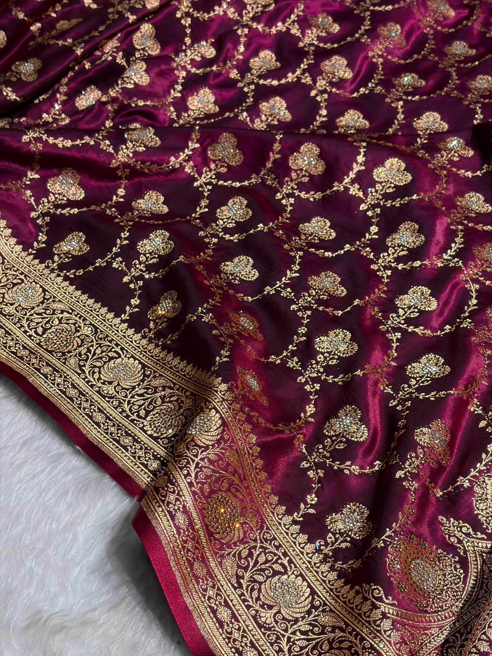 Satin Silk Saree Banarasi Swarovski Work Jaal in Wine Shades BSS23 (R)