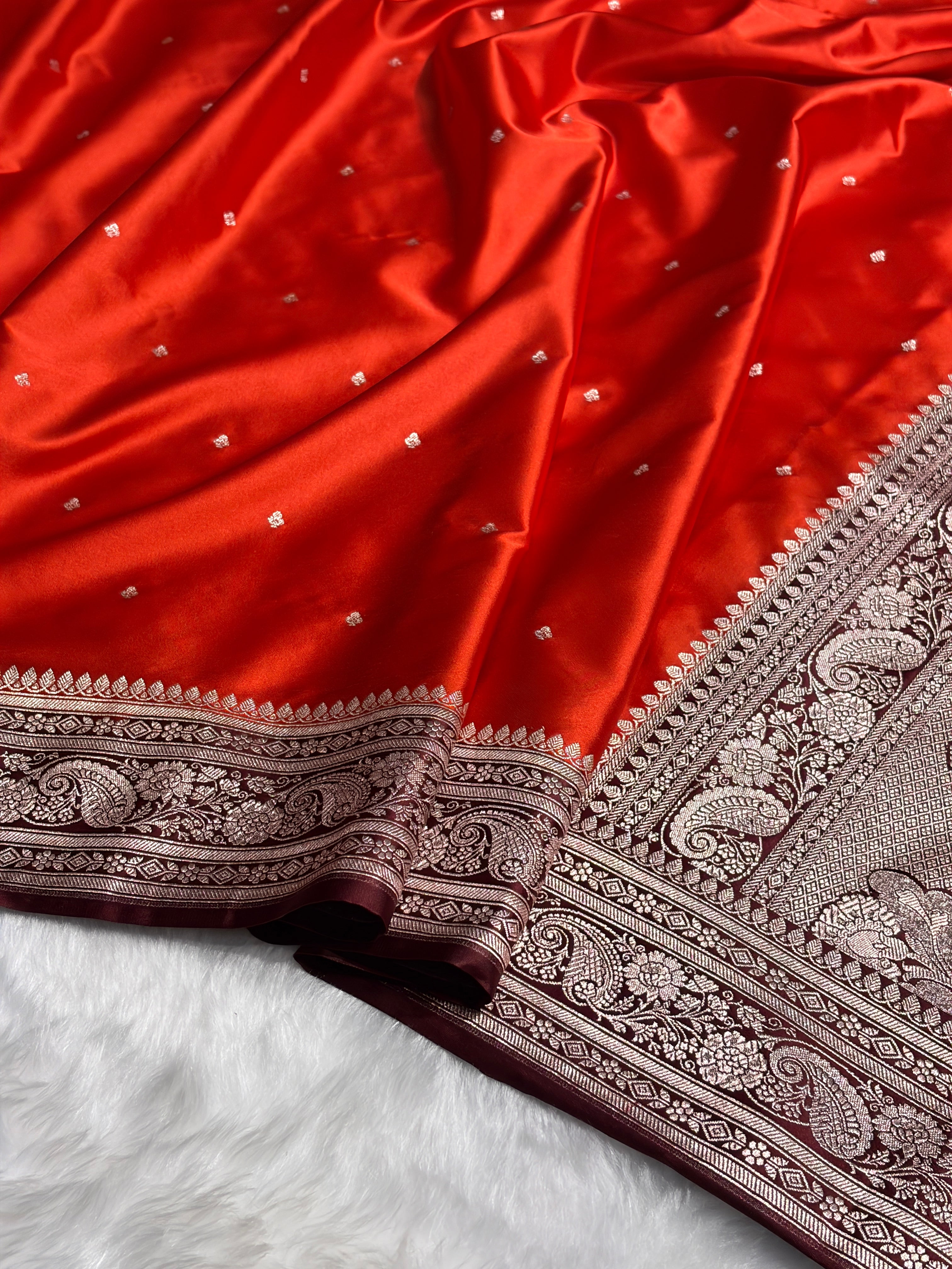 Contrast Rust Orange with Chocolate Shades Booti Mashru Silk Saree MS64