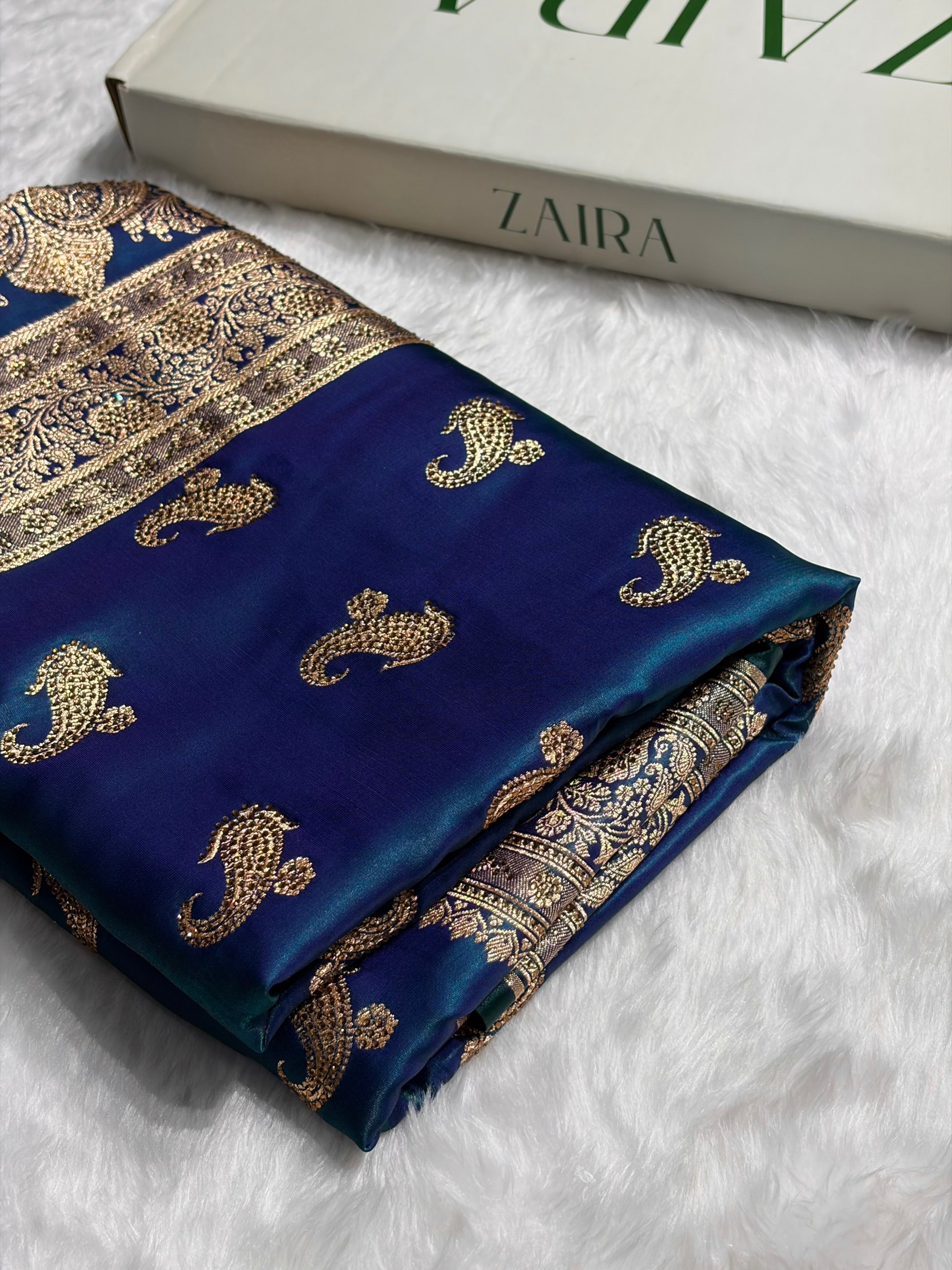 Satin Silk Saree Swarovski Work Floral Boota in Peacock Shades BSS27