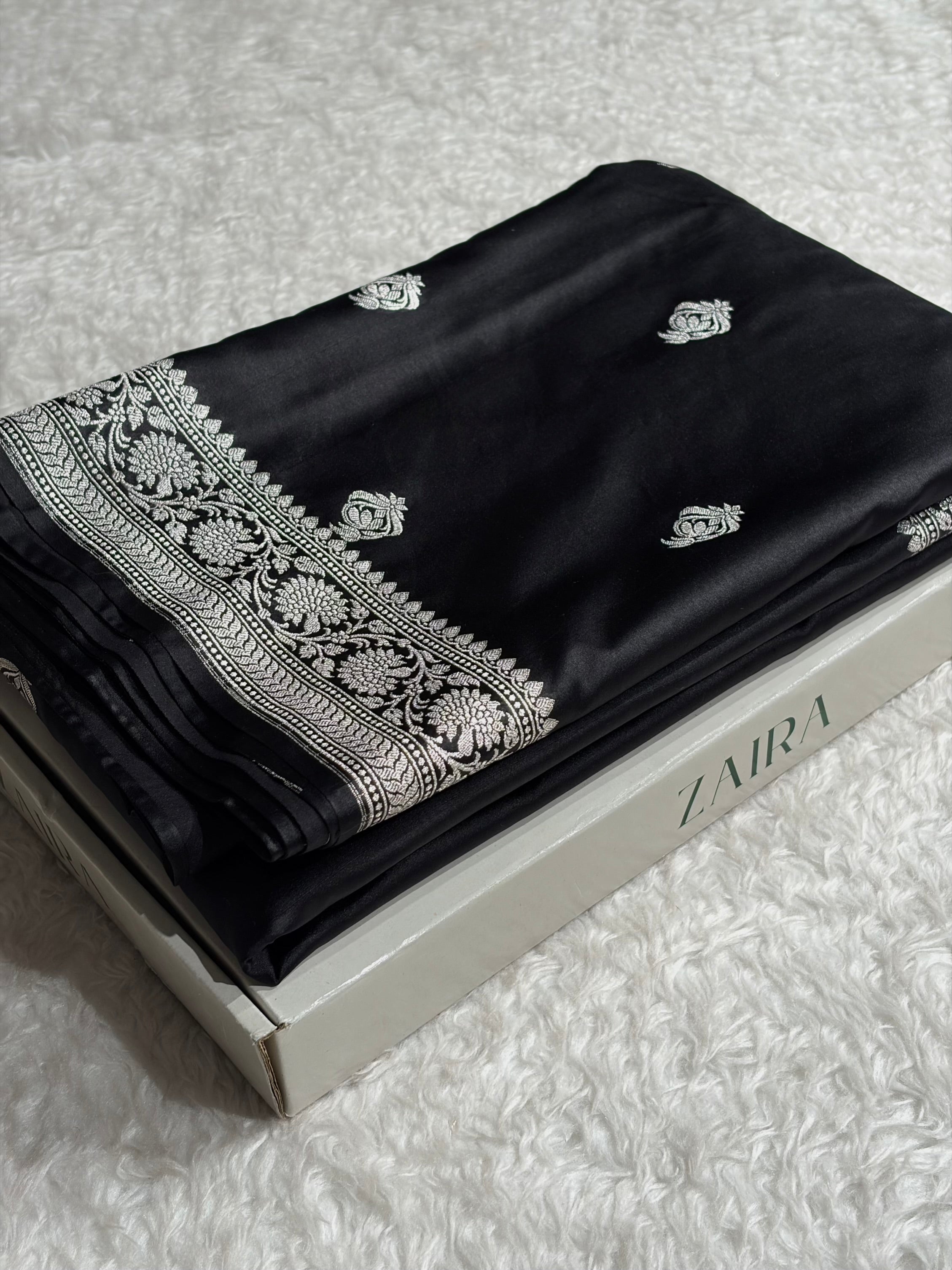 Black Shades Mashru Silk Boota Pattern With Floral Border