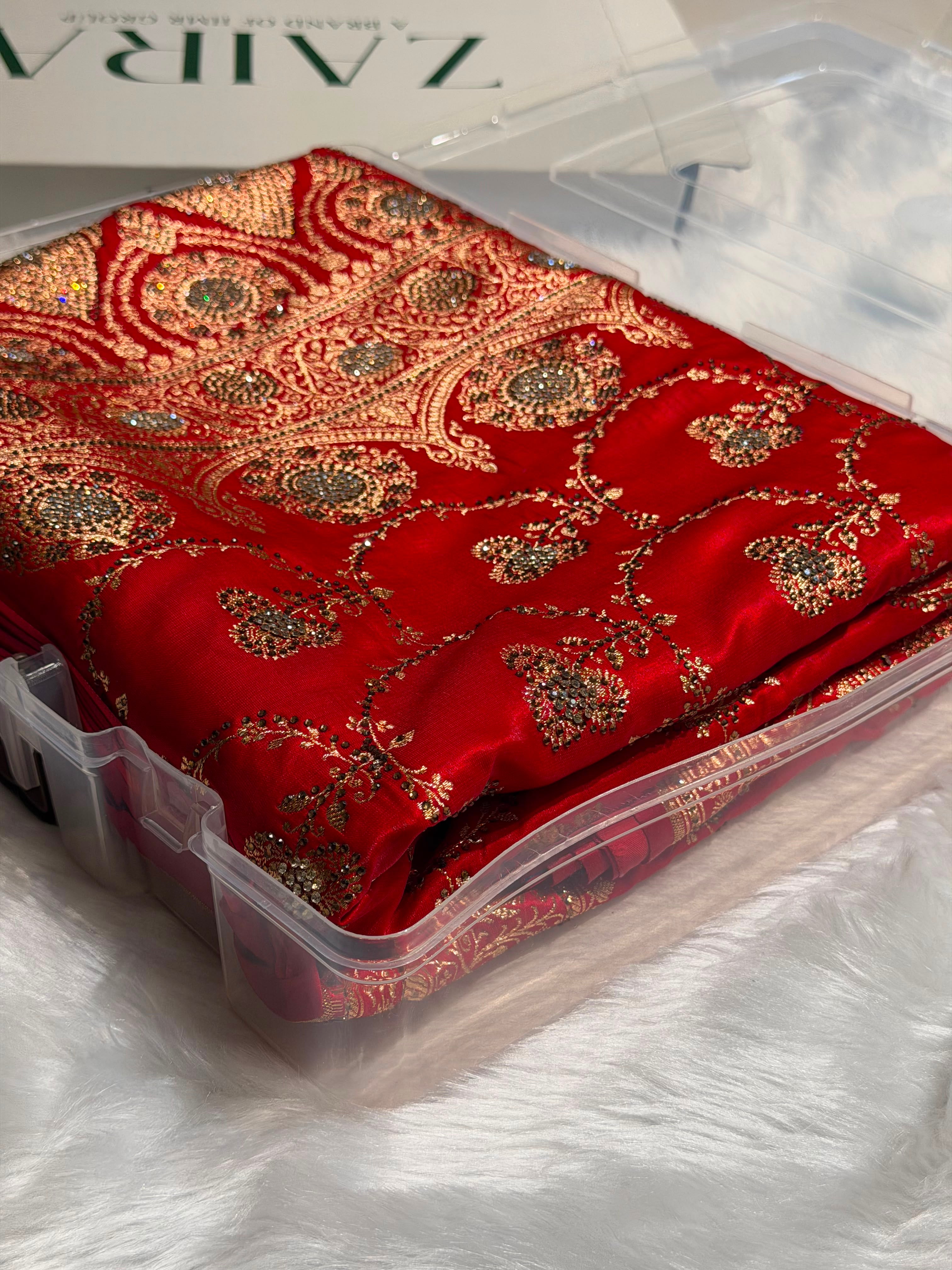 Satin Silk Saree Banarasi Swarovski Work Jaal in Red Shades BSS23 (R)