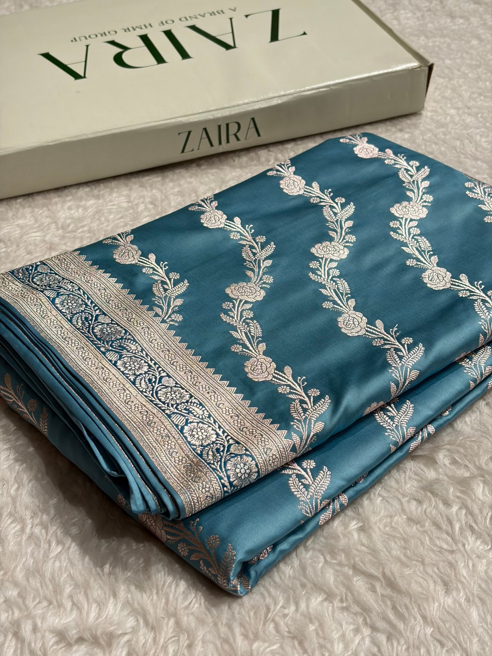 Powder Blue Shades Minakari Border Mashru Silk Saree With Cross Pattern MS02