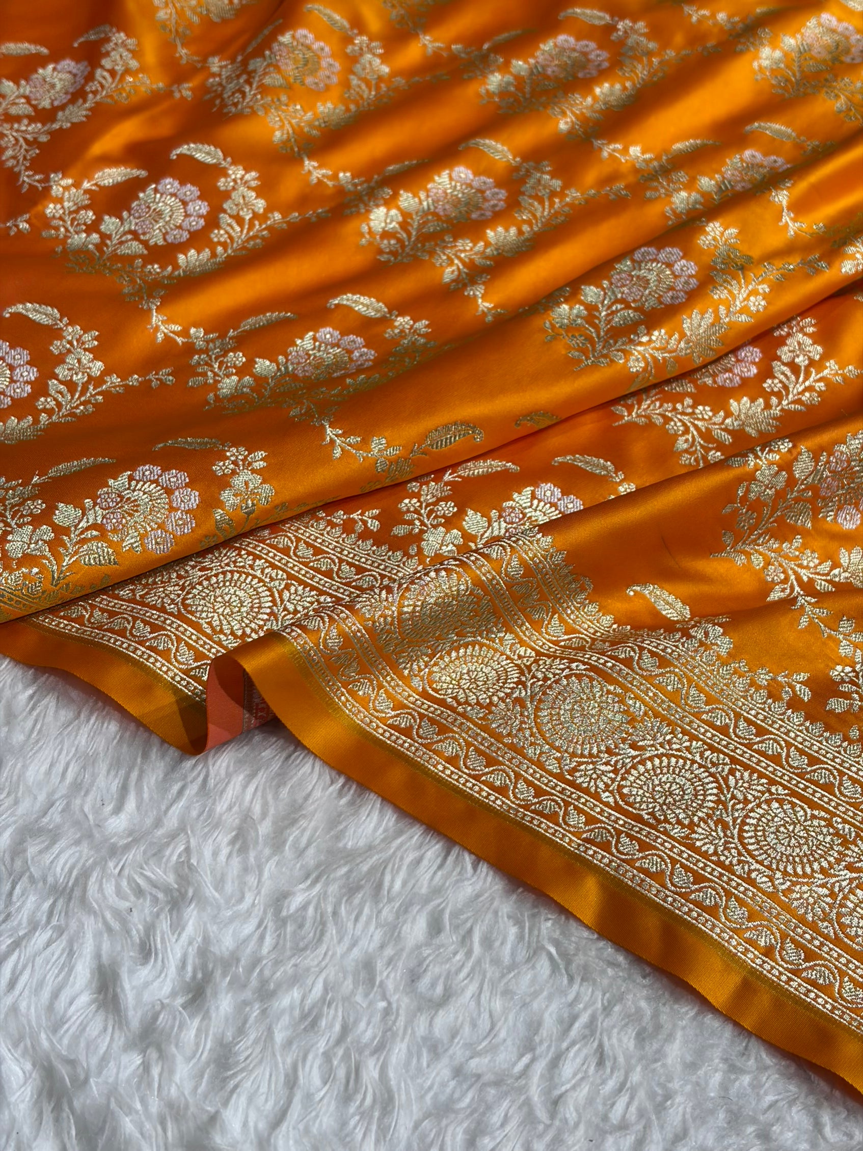 Banarasi Satin Katan Saree With Minakari Jaal Pattern in Mustard Shades SK126
