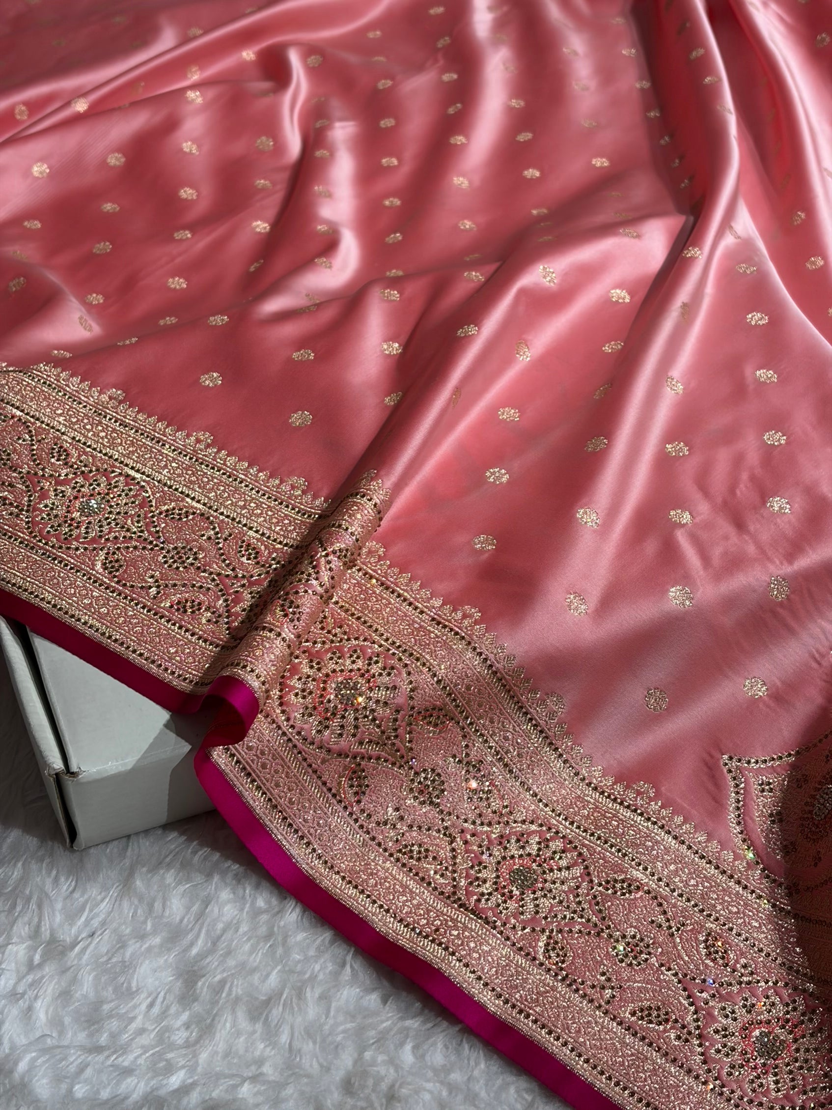 Baby Pink Booti With Swarovski Work Satin katan Silk Saree BSK11