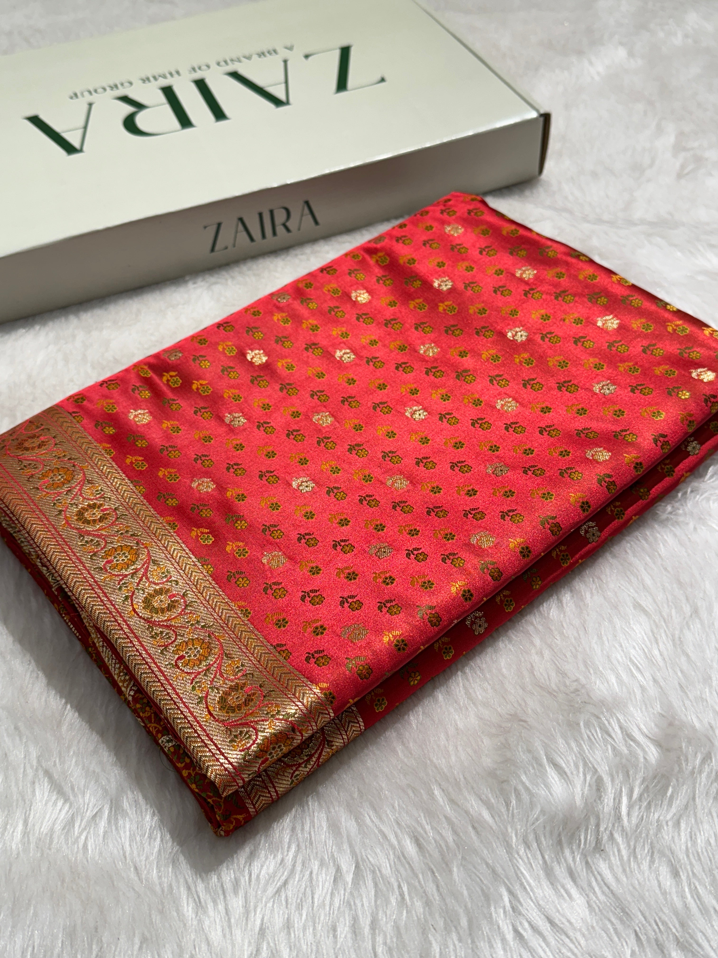 Cross Red Tanchoi Minakari Tilfi booti Katan Silk Saree SKTM-01