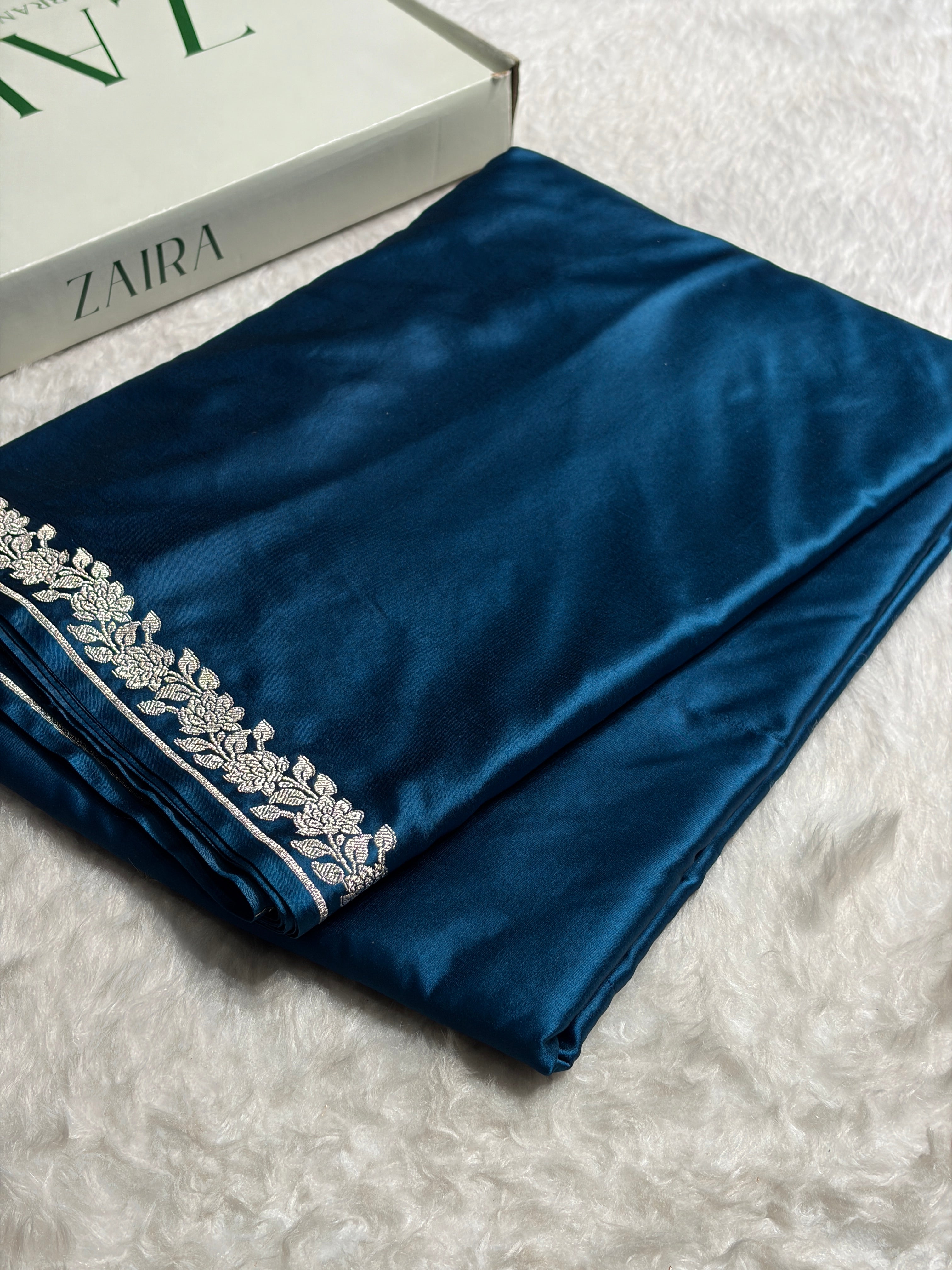 German Blue With Floral Border Mashru Silk Saree MS80