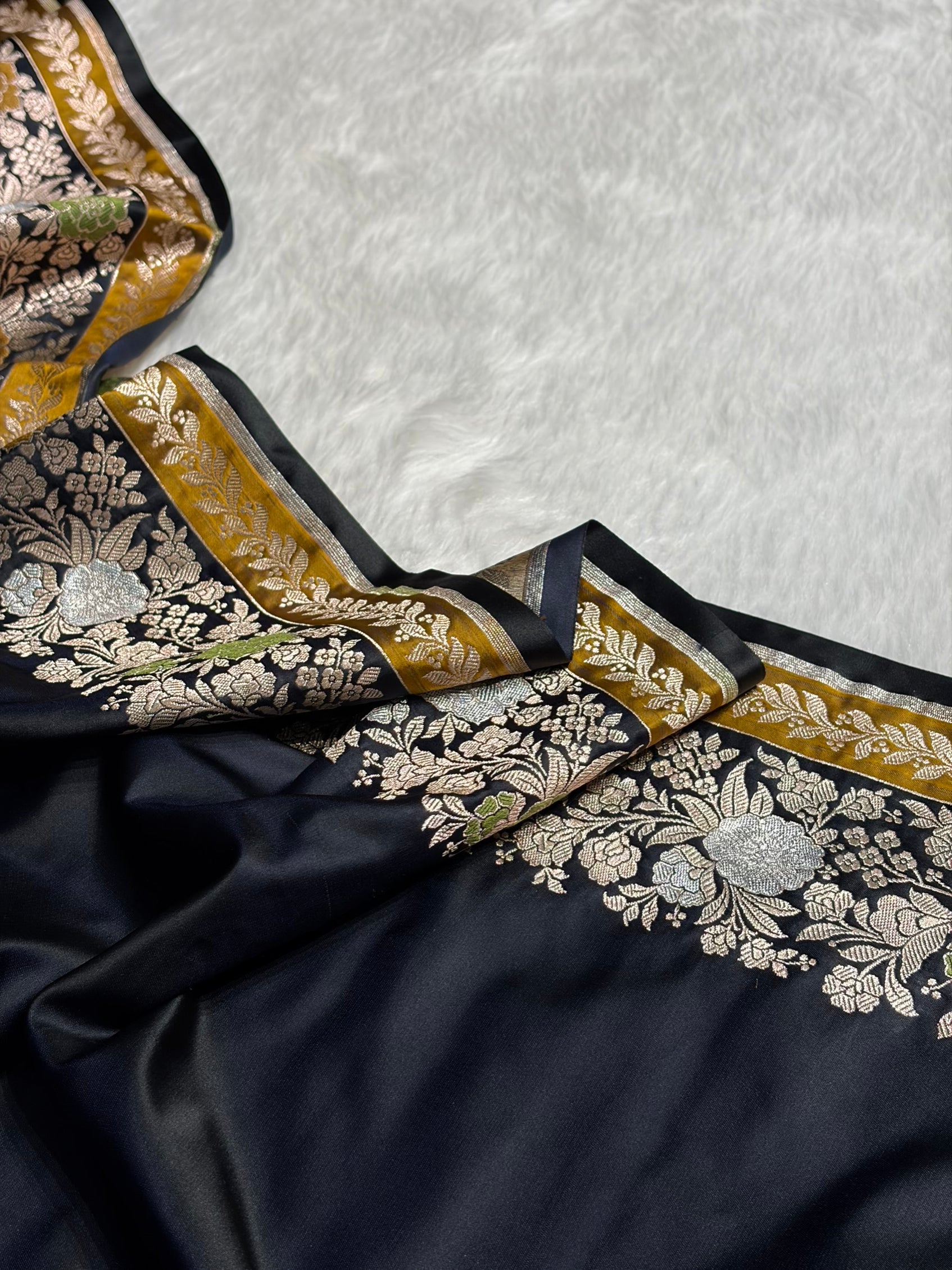 Dark Navy Blue Shades Floral Minakari Skirt Border Mashru Silk Saree MSM-83