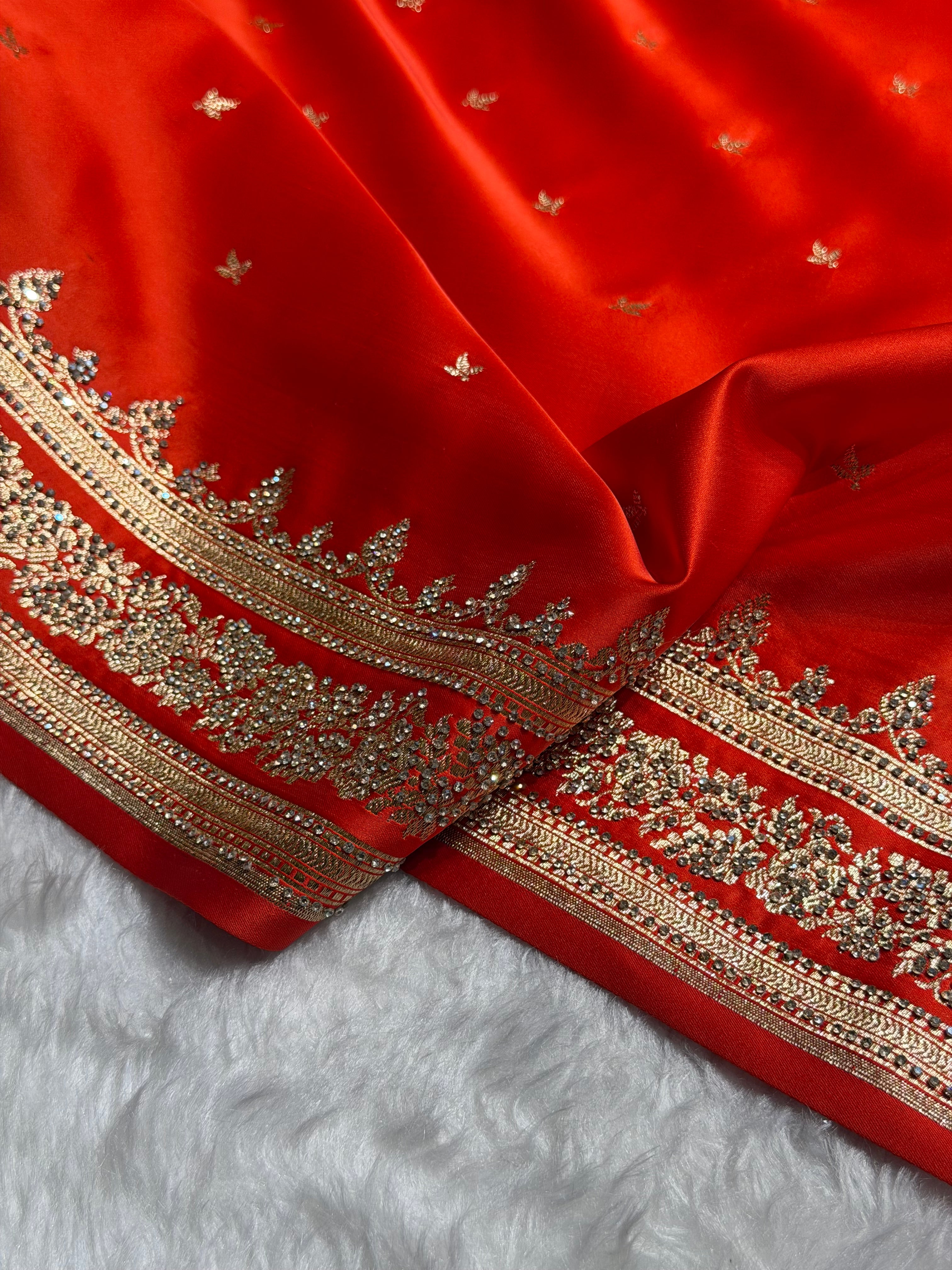 Orange Banarasi Swarovski Work Booti Katan Silk Saree BSKM17