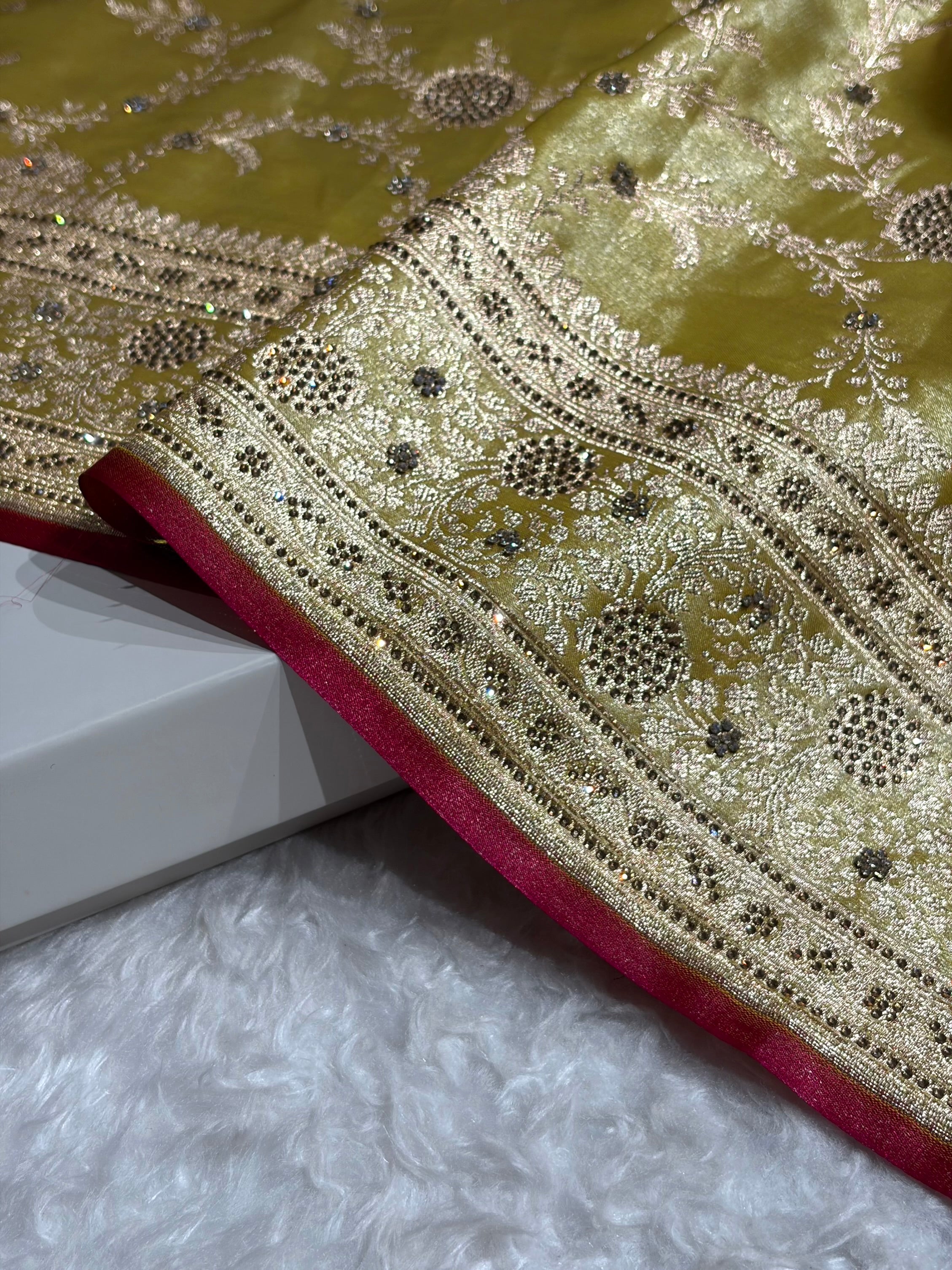 Light Weight Lemon Pista Satin Silk Saree with Swarovski work BSS14