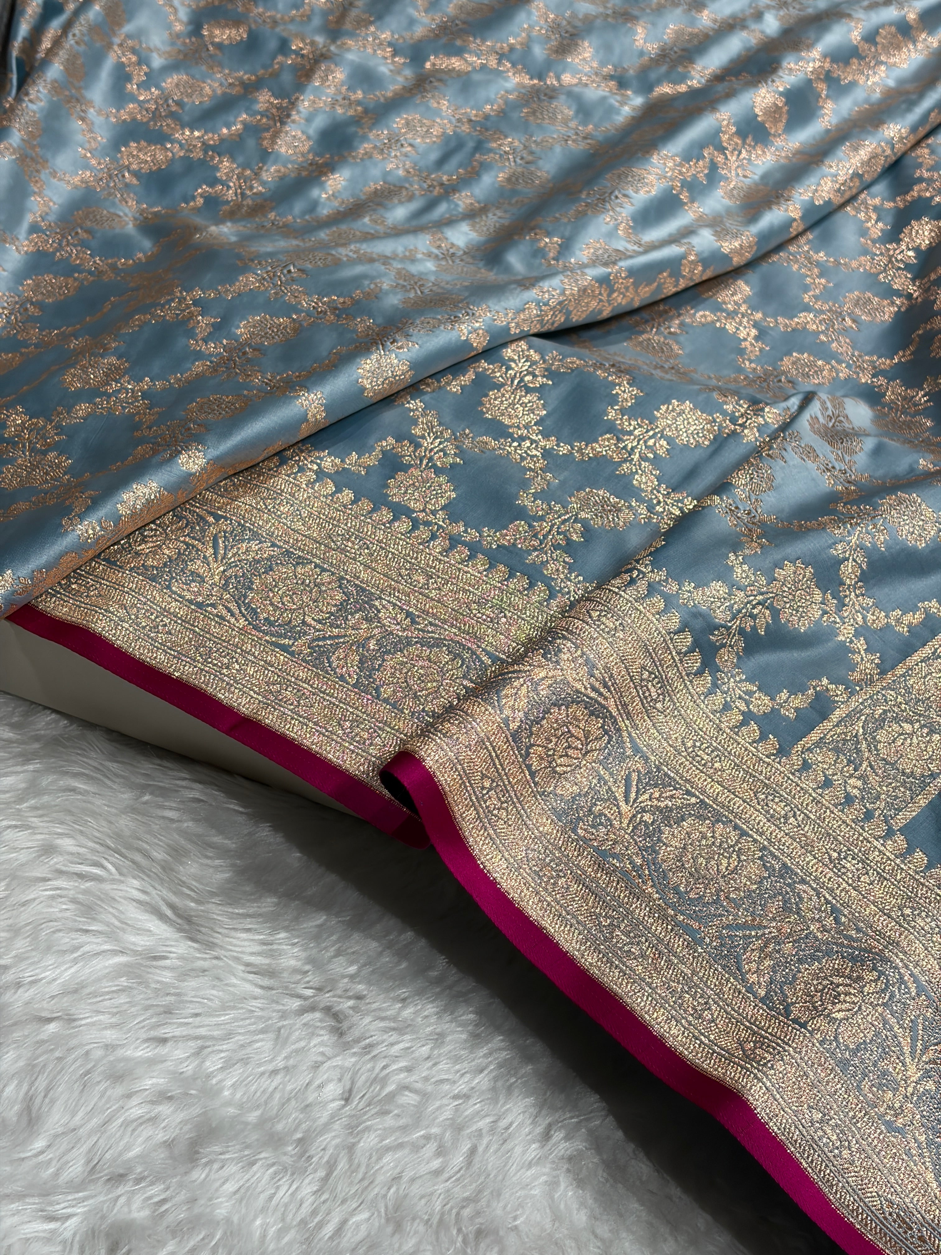 Turquoise Shades Jaal Pattern Satin Katan Silk Saree SK25