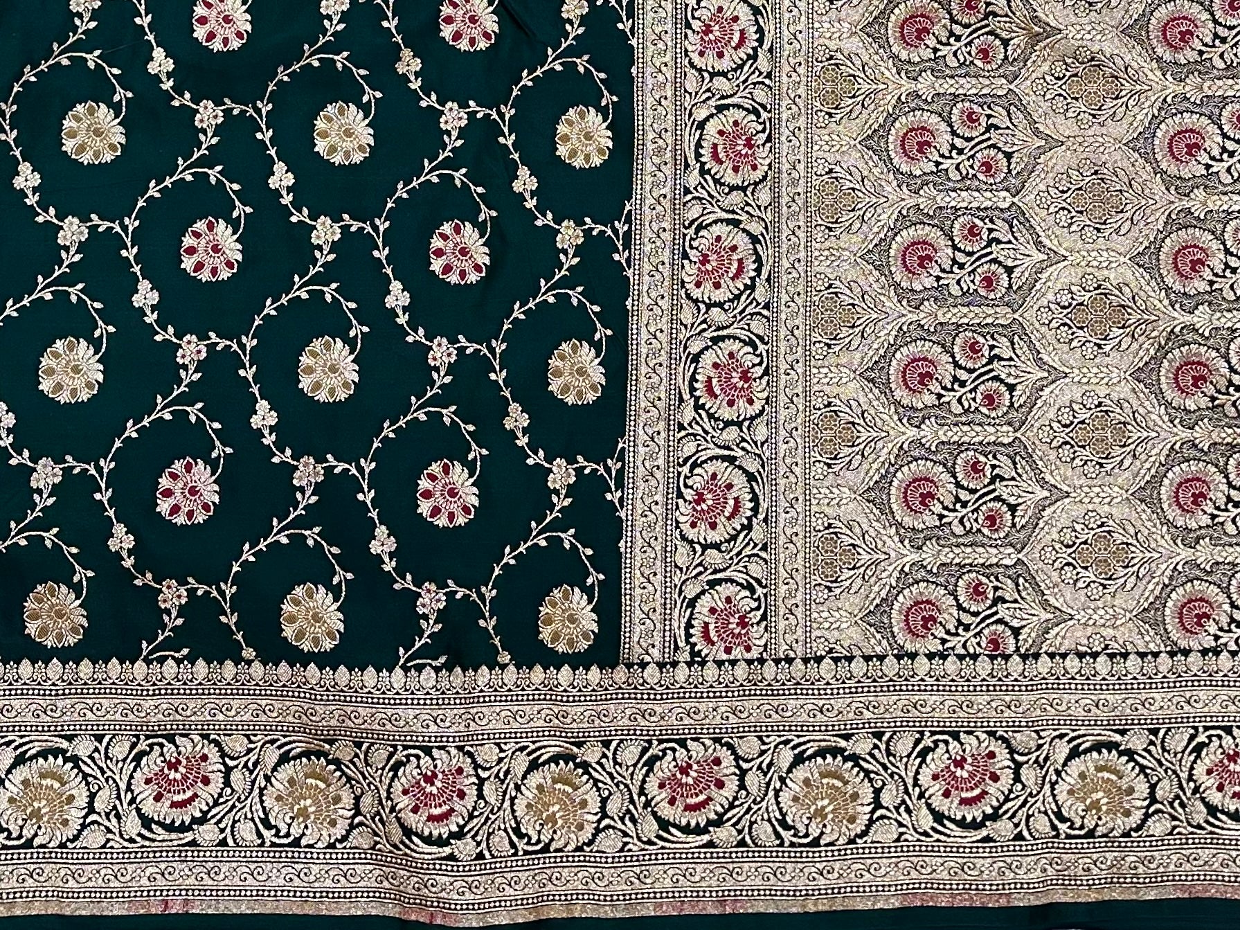 Bottlegreen Meena Jaal with copper Zari